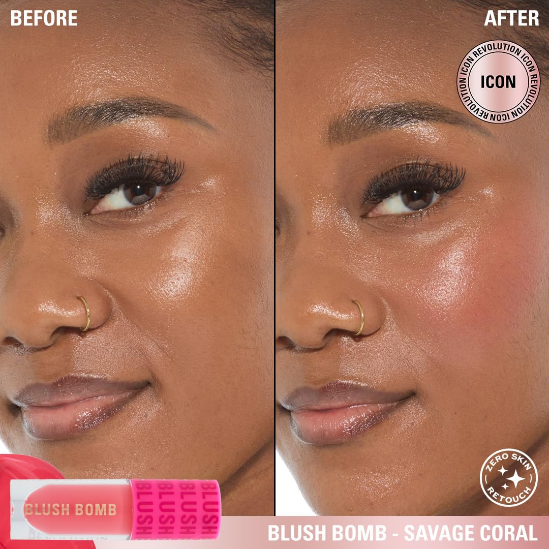 Revolution Beauty, Blush Bomb Cream Blusher, Lightweight Makeup & Creamy Formula for a Dewy Finish, Enriched with Vitamin E, Savage Coral, 0.15 Fl. Oz.