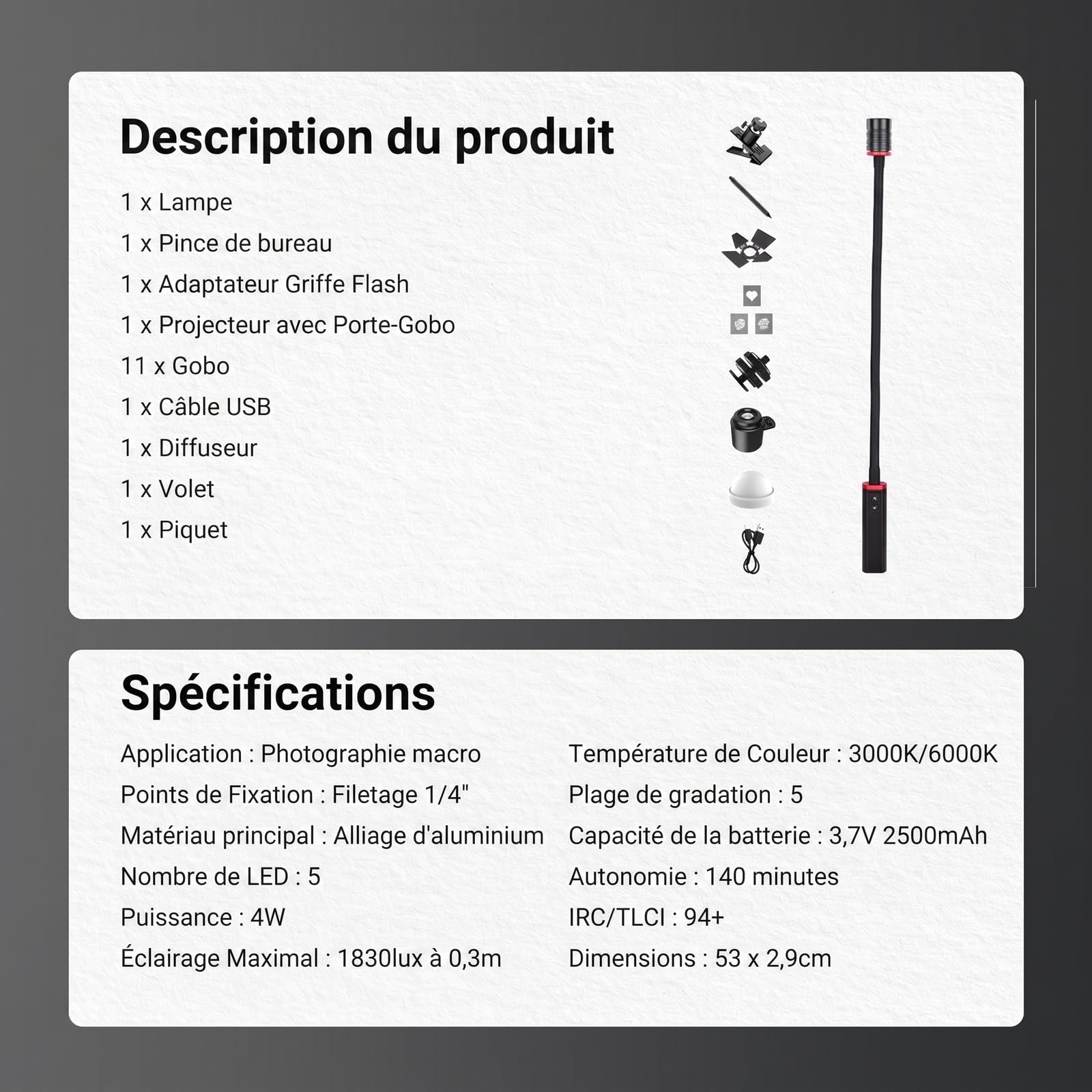 NEEWER Basics ML01 IP54 Lampe LED Flexible pour Macrophotographie 4W Lampe,Rechargeable USB-C,2500mAh,IRC95 TLCI99,3100Lux à 0.5M,5 Couleurs,Faisceau de 28°à 77°,Photographie de Bijoux