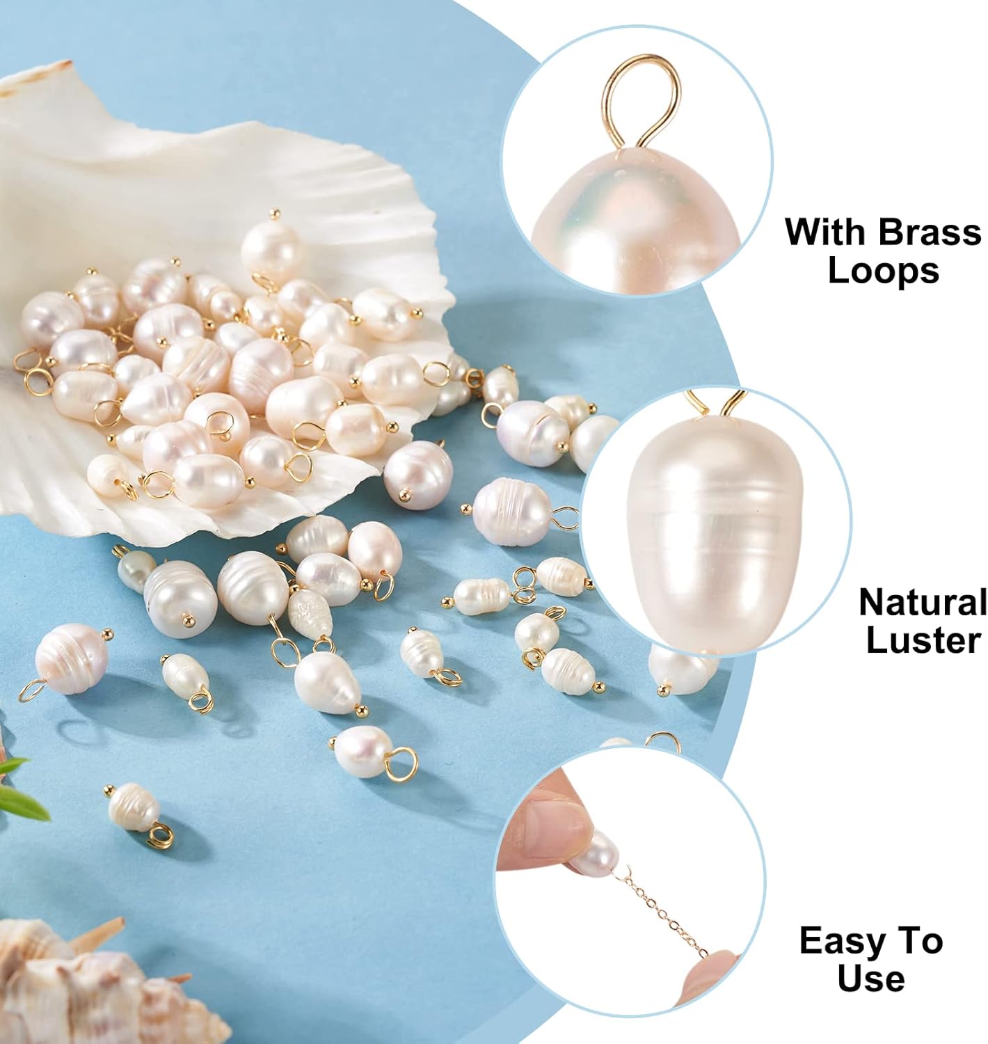 Cheriswelry 60Pcs 13-17mm Natural Freshwater Cultured Pearl Pendants White Rice Oval Pearl Charms with Brass Loop 3 Styles for DIY Necklaces Bracelets Earrings Jewelry Making - Image 3