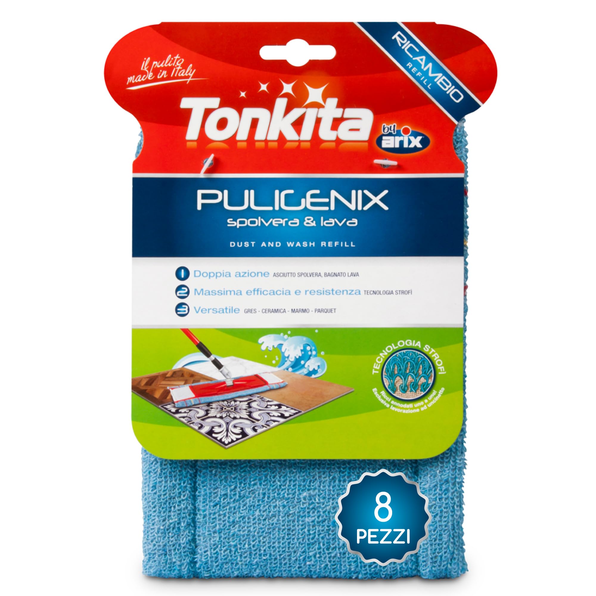 Tonkita 8 Strofixer de repuesto, paño para lavar y quitar el polvo, paño para todos los suelos y todas las superficies lavables, recoge el polvo, migas, cabello y lava los suelos – 8 Paños de repuesto