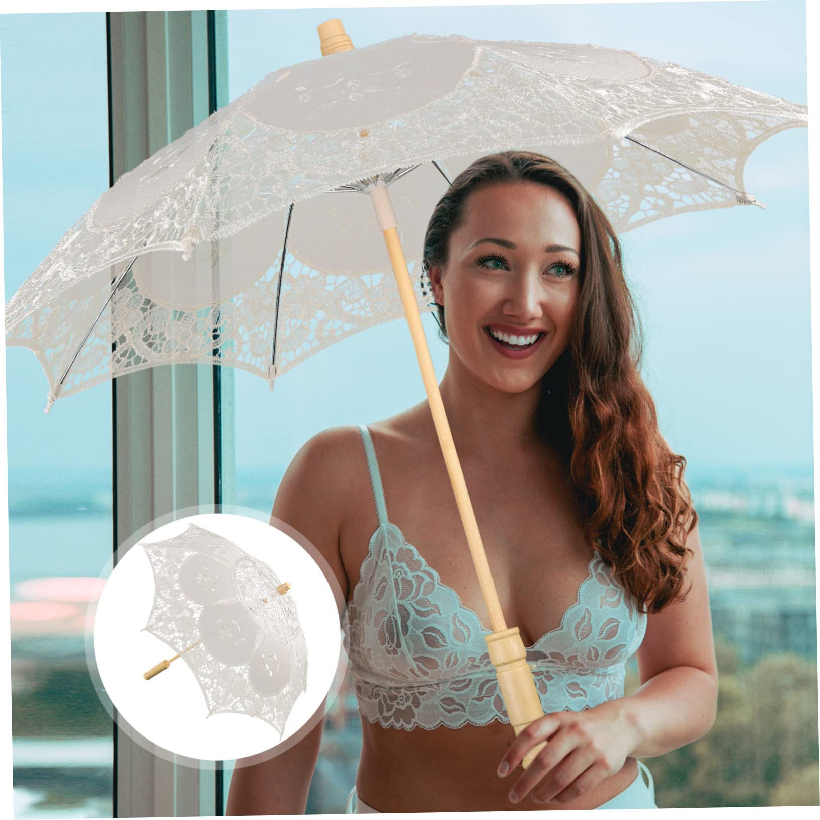 minkissy Hochzeits Lace Regenschirm für Fotografie und Dekoration Handgefertigter Parasol mit Zarter Spitze für Hochzeiten Kostümpartys und Bühnenaufführungen Beige Groß