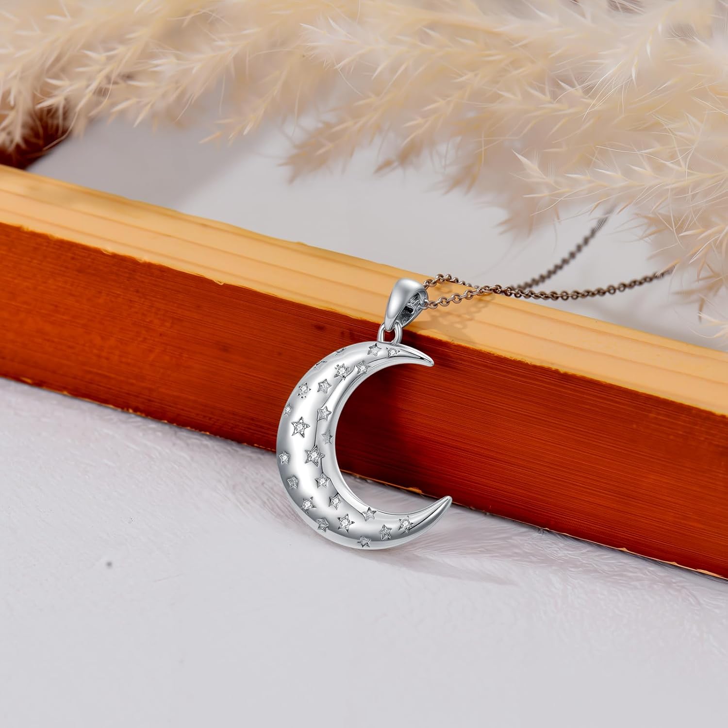 LONAGO Crescent Necklace Moonstone Moon and Star Pendant 925 Sterling Silver Crescent Moon Star Pendant Jewelry Gift for Girlfriend Women Wife