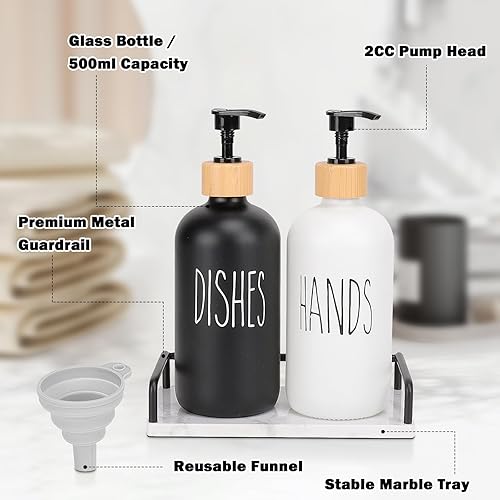 Miniatura 5 de HarJue Juego de dispensador de jabón de vidrio con bandeja de mármol, dispensador de bomba de jabón para platos recargable, 2 dispensadores de jabón