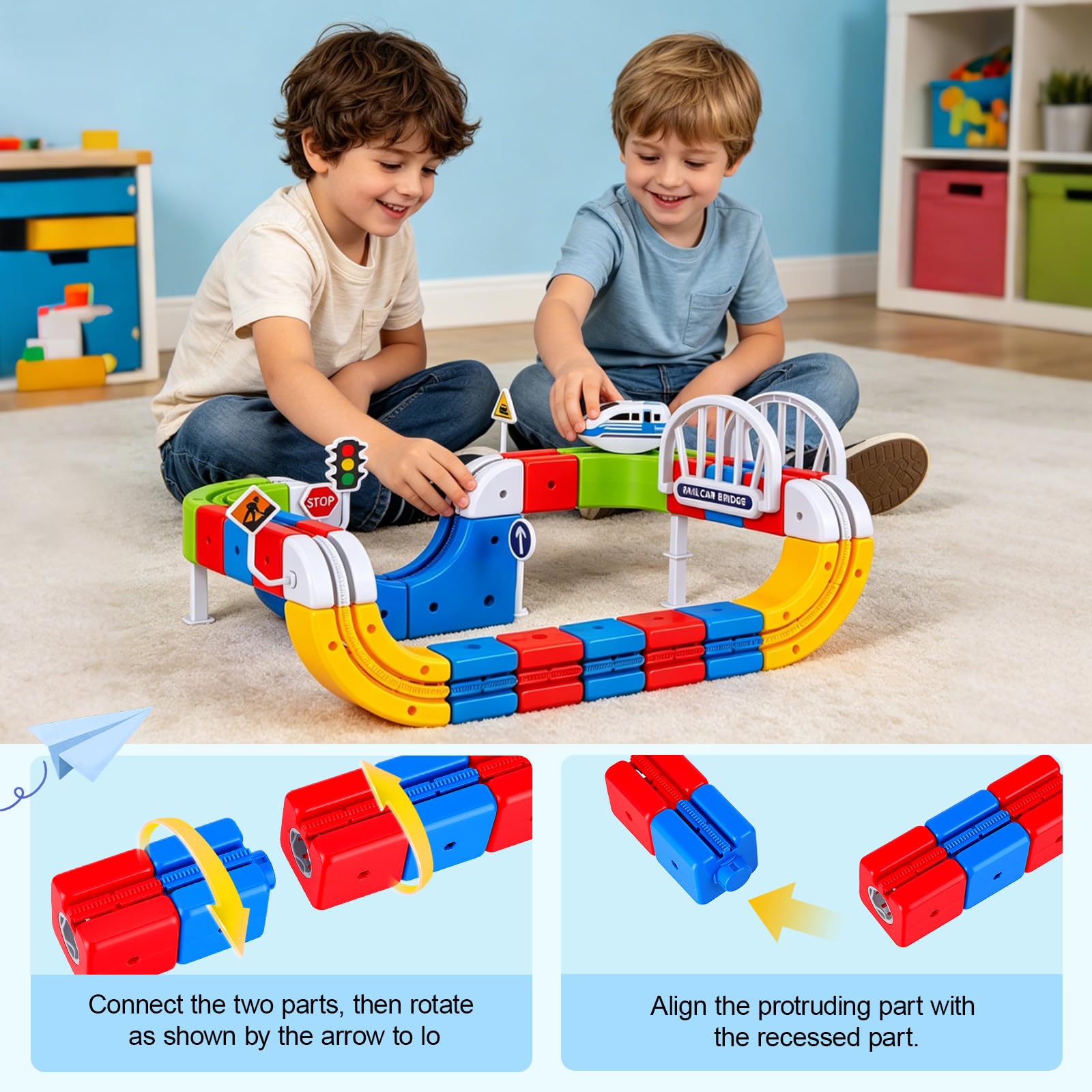 Tren Eléctrico Niños 82 Piezas con 1 Tren – Pista 3D Antigravedad klick-Rail, Bloques de Construcción DIY Cube Track, Juguete Educativo Stem para Niños de 4 a 8 Años