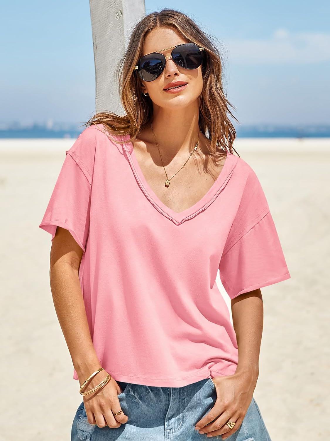 Tankaneo Womens Oversized Tshirts Deep V Neck Short Sleeve Tops Summer Casual Loose Fit Tunic Tee Shirt - Image 5