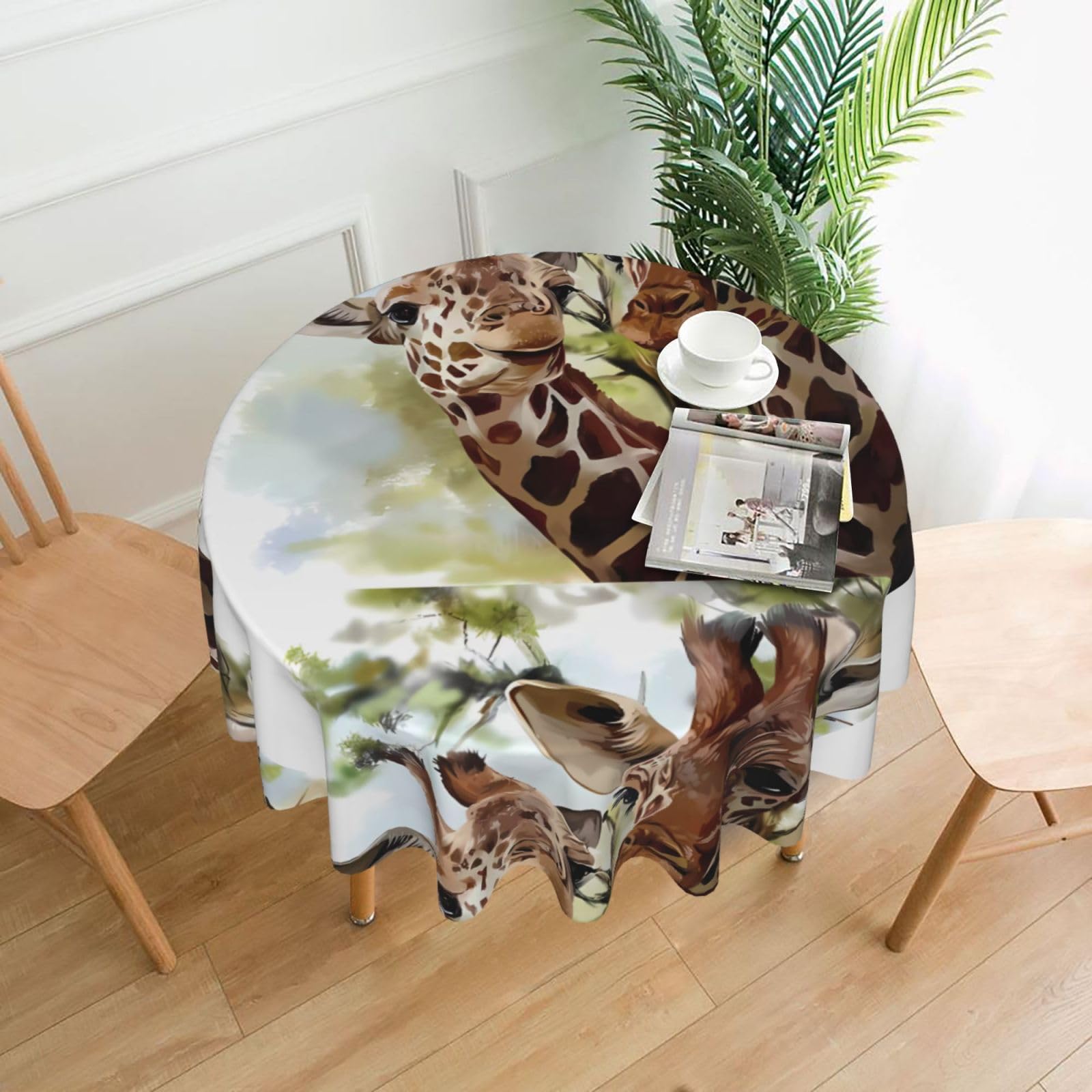 WHJSSF Watercolor Deer Giraffe Prints Round Decorative Table Throw 60 Inch – Waterproof Table Cover for Dining, Coffee Tables, and Outdoor Events