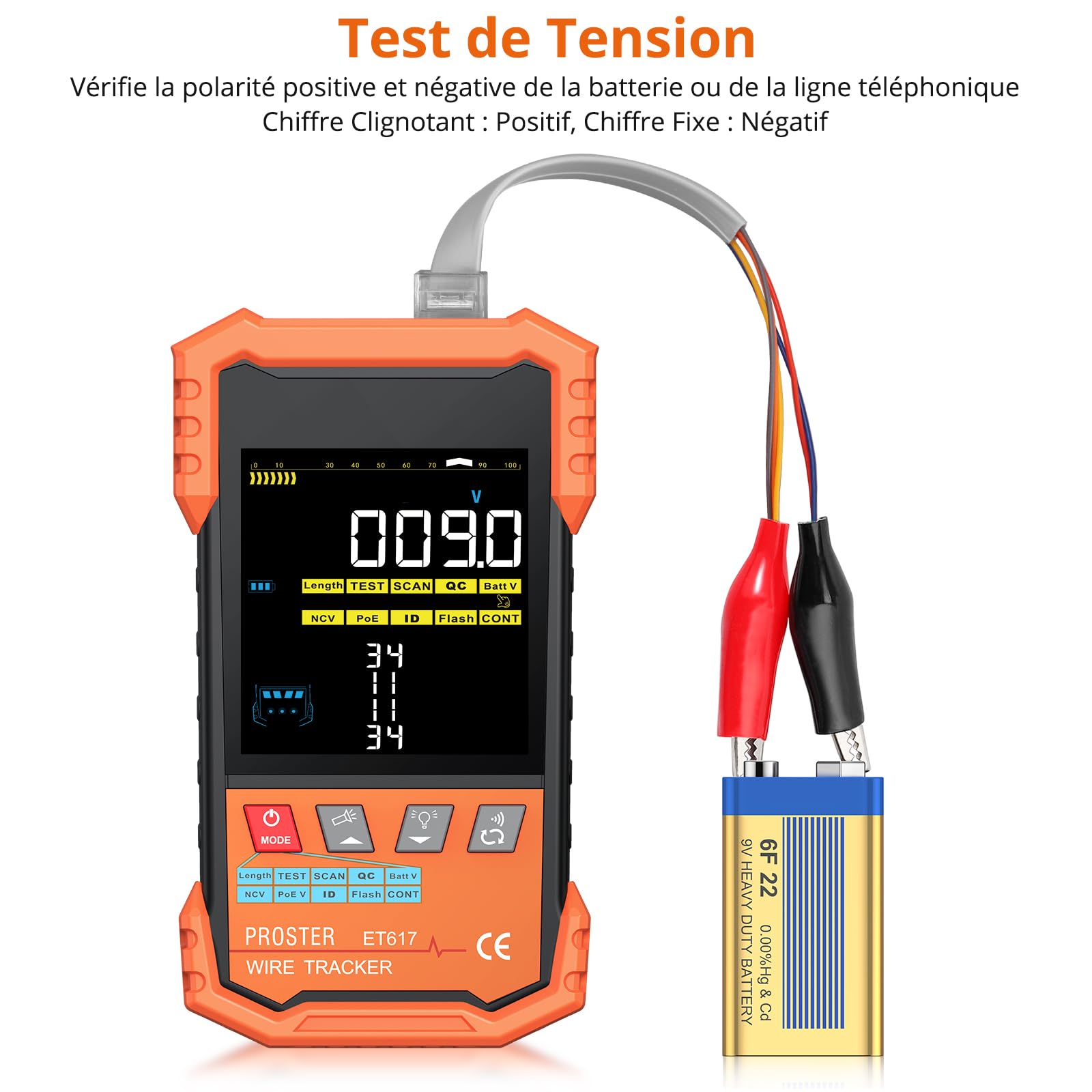 Proster Testeur de Câble Réseau PoE Testeur Numérique et Analogique avec Écran VA Couleur, Mesure de Longueur de Câble et de Tension, Câble RJ45 RJ11, Outil Multifonction pour Installation Réseau