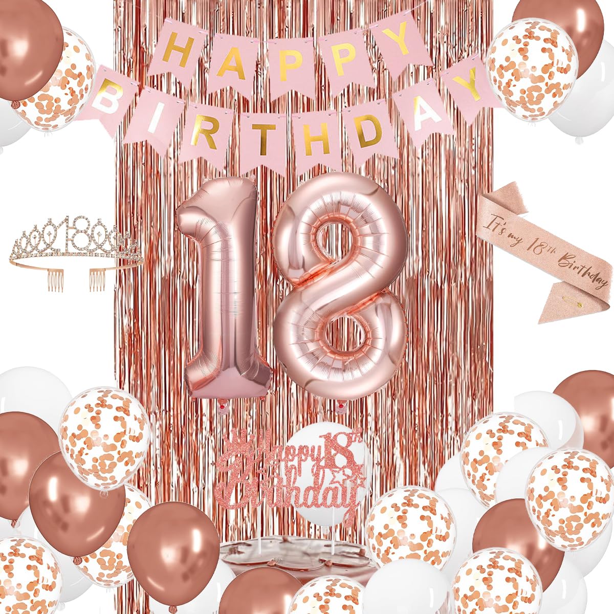18th Birthday Decorations for Girls, Rose Gold 18th Birthday Party Set with Crown, Sash, Cake Topper, Balloons, Banner, Fringe Curtains - Perfect 18th