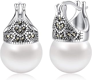 Pearl Earrings 18K White Gold Plated 925 Sterling Silver Pearl Earrings for Women Simulated/Glass Pearl Drop Earrings Pearl Dangle Stud Earrings Valentine's Day Anniversary Day Birthday Jewelry with Gift Box