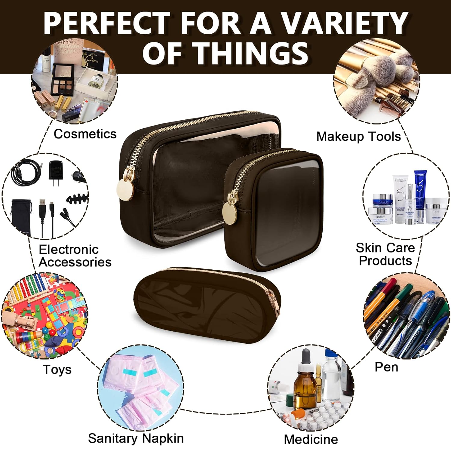 Clear Small Pencil Pouch Makeup Bag for Purse,Nylon&PVC Pencil Case Waterproof Makeup Brush Holder with Zipper,Preppy Transparent Pen Bag Travel Cosmetic Bag for Women Office(Slim-Chocolate) - Image 6