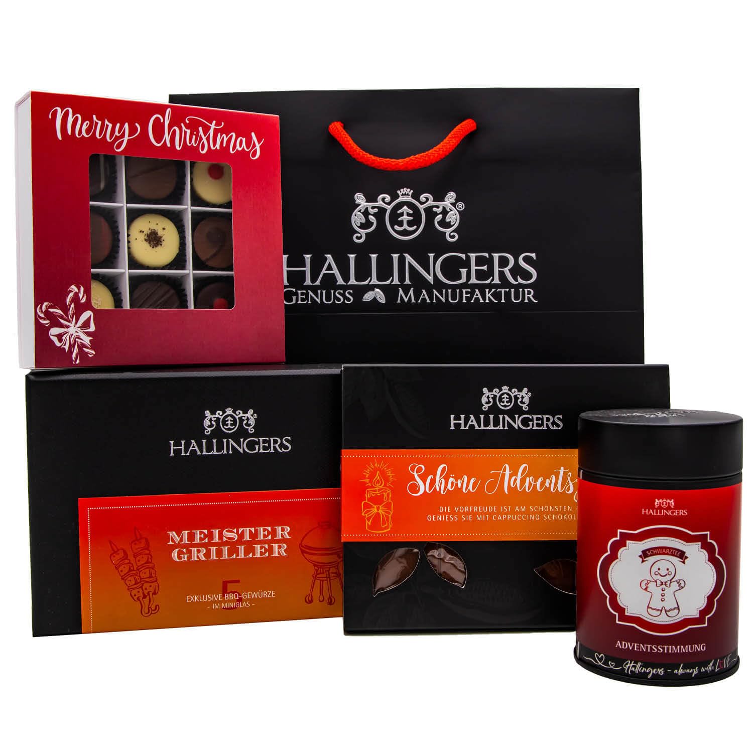 Hallingers Genuss Manufaktur Feinkost Weihnachts-Geschenk-Set - XXL-Geschenkkorb "Best of Christmas" großes Mitbringsel Schokolade, Tee, 9er Pralinen & Meistergriller-Gewürz, Weihnachten für Frauen