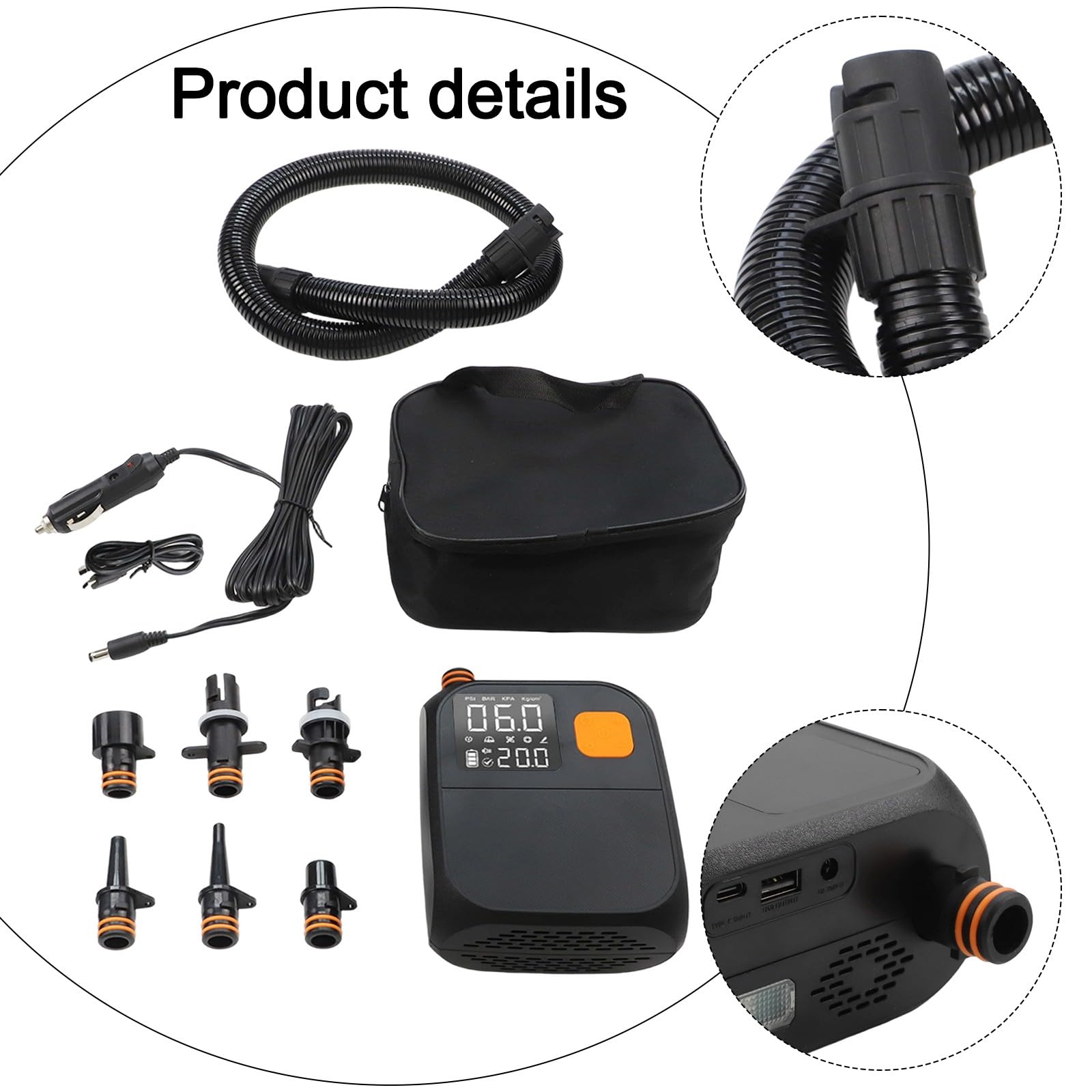 Pompe à air électrique numérique pour kayak, voiture, bateau, gonfleur portable sans fil 25 PSI avec batterie 8000 mAh, pour arrêt automatique des sports de plein air