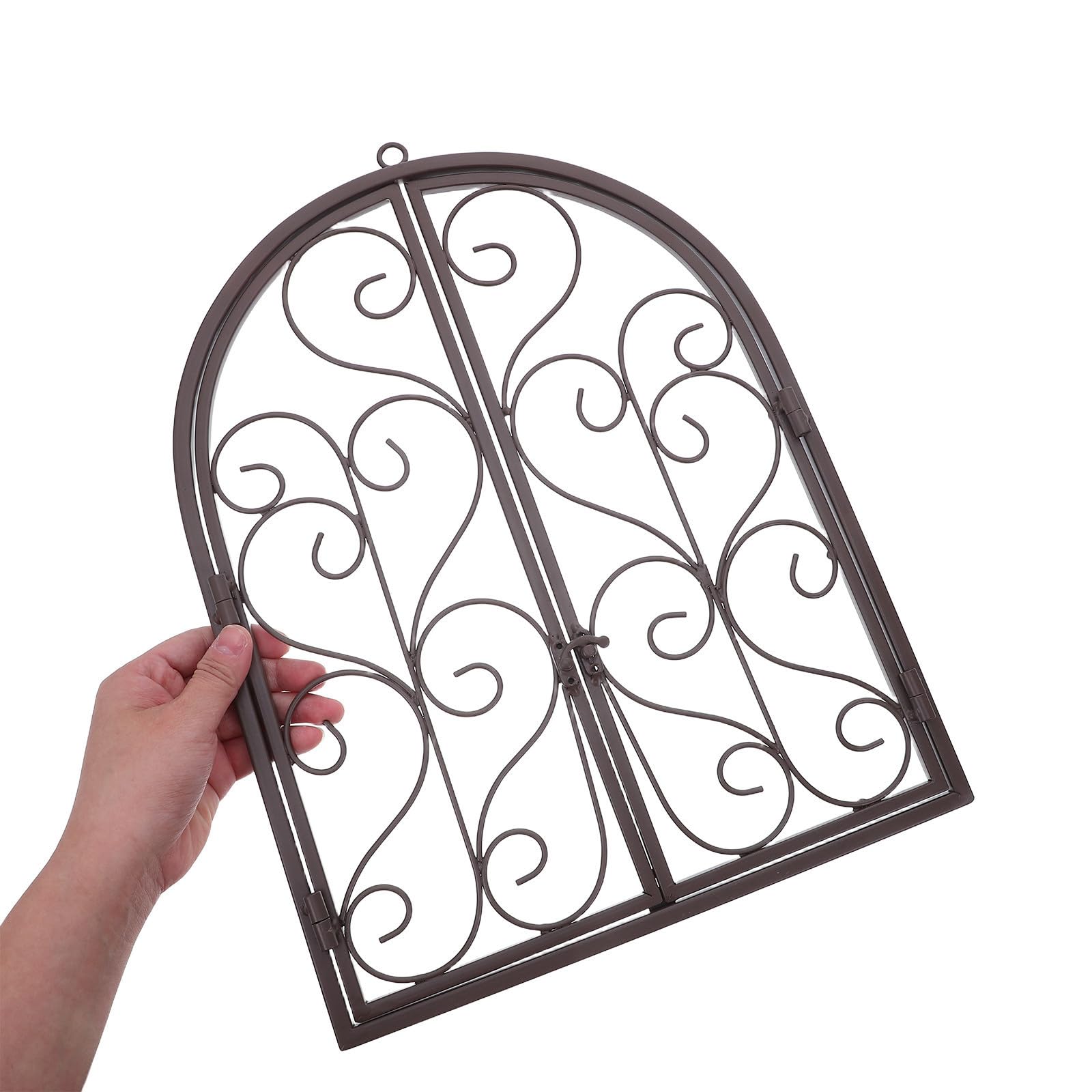 GRIRIW Eisen Wanddekoration gewölbtes Fenster mit wetterbeständigem Design für Garten und Hof im rustikalen Landhausstil brauner dekorativer Fensterrahmen