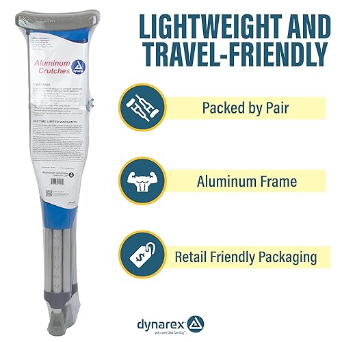 Miniatura 40 de Dynarex Muleta universal de aluminio, niños a adultos - 4'7" a 6'7", ajuste de altura con botón pulsador, axila acolchada y cómodos agarres de mano