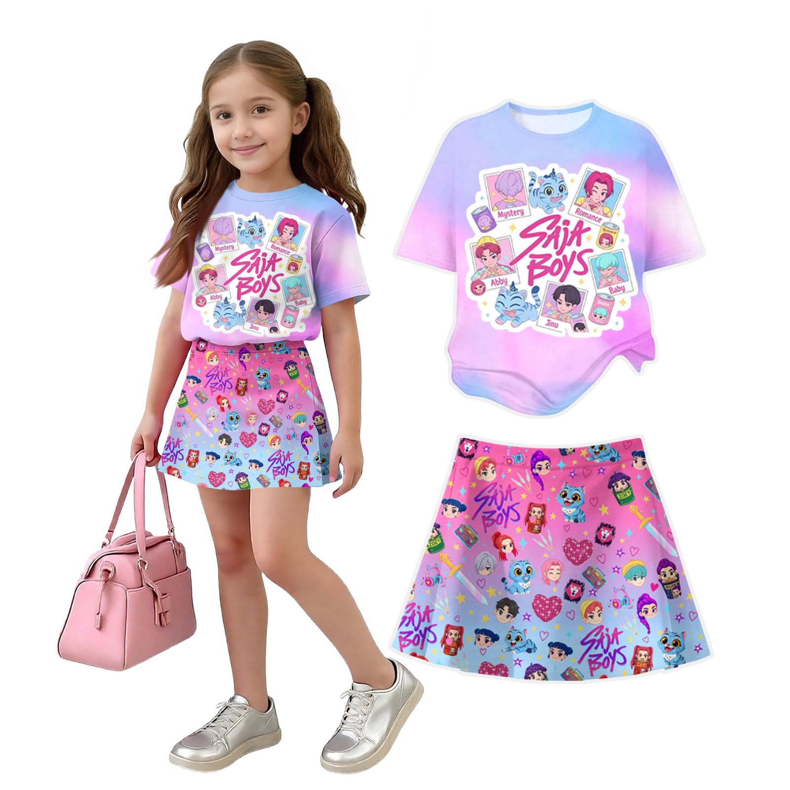 K Pop Short Sleeve T-Shirt and Skirts Outfits Set for Girls Hunters Girl's Anime Graphic Tees De-Mon Summer Sets — view 32