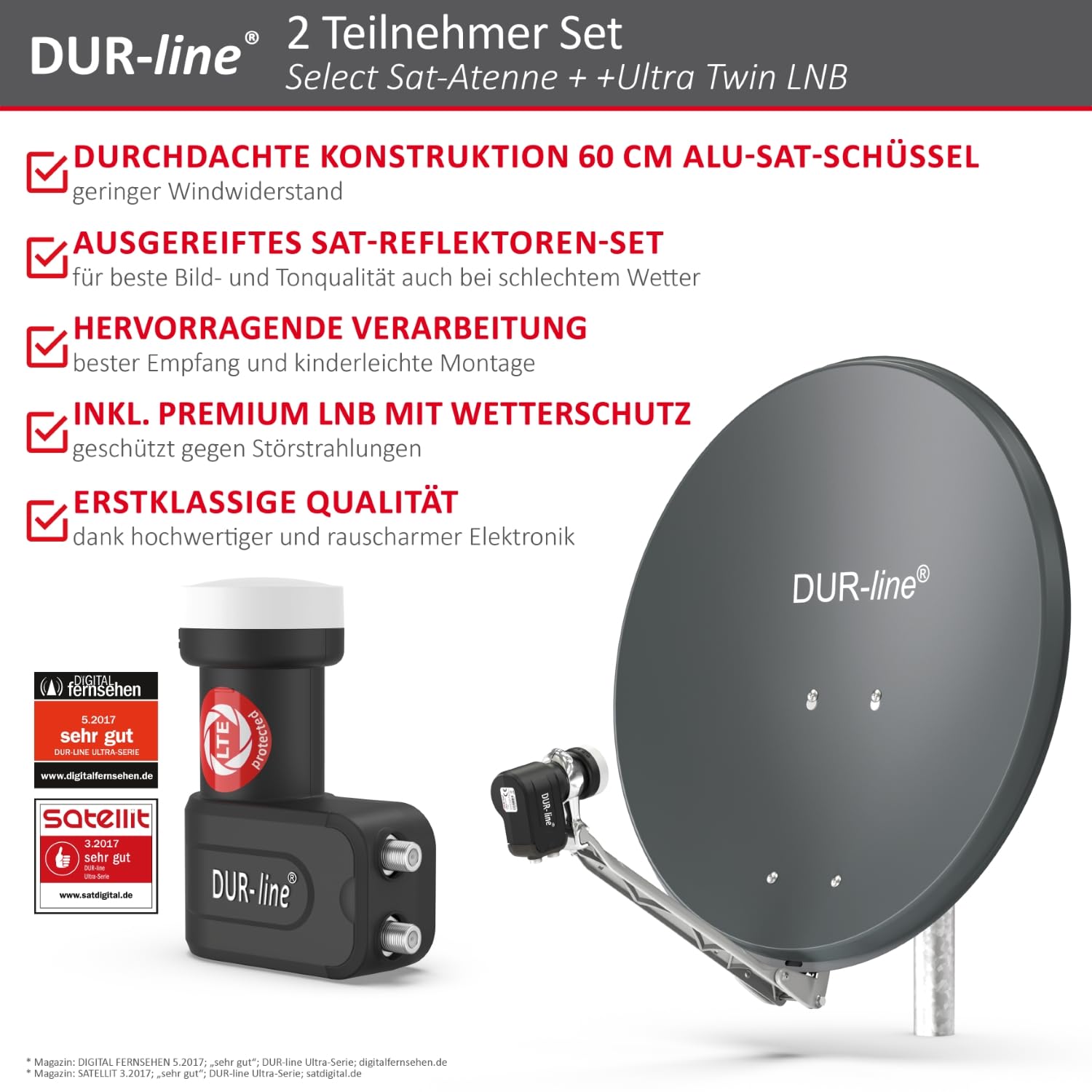 DUR-line Zestaw 2 odbiorników – wysokiej jakości zestaw satelitarny z aluminium – Select 60 cm/65 cm lustro/miska antracyt + Twin LNB – na 2 odbiorniki / TV [najnowsza technologia, DVB-S2, 4K, 3D]