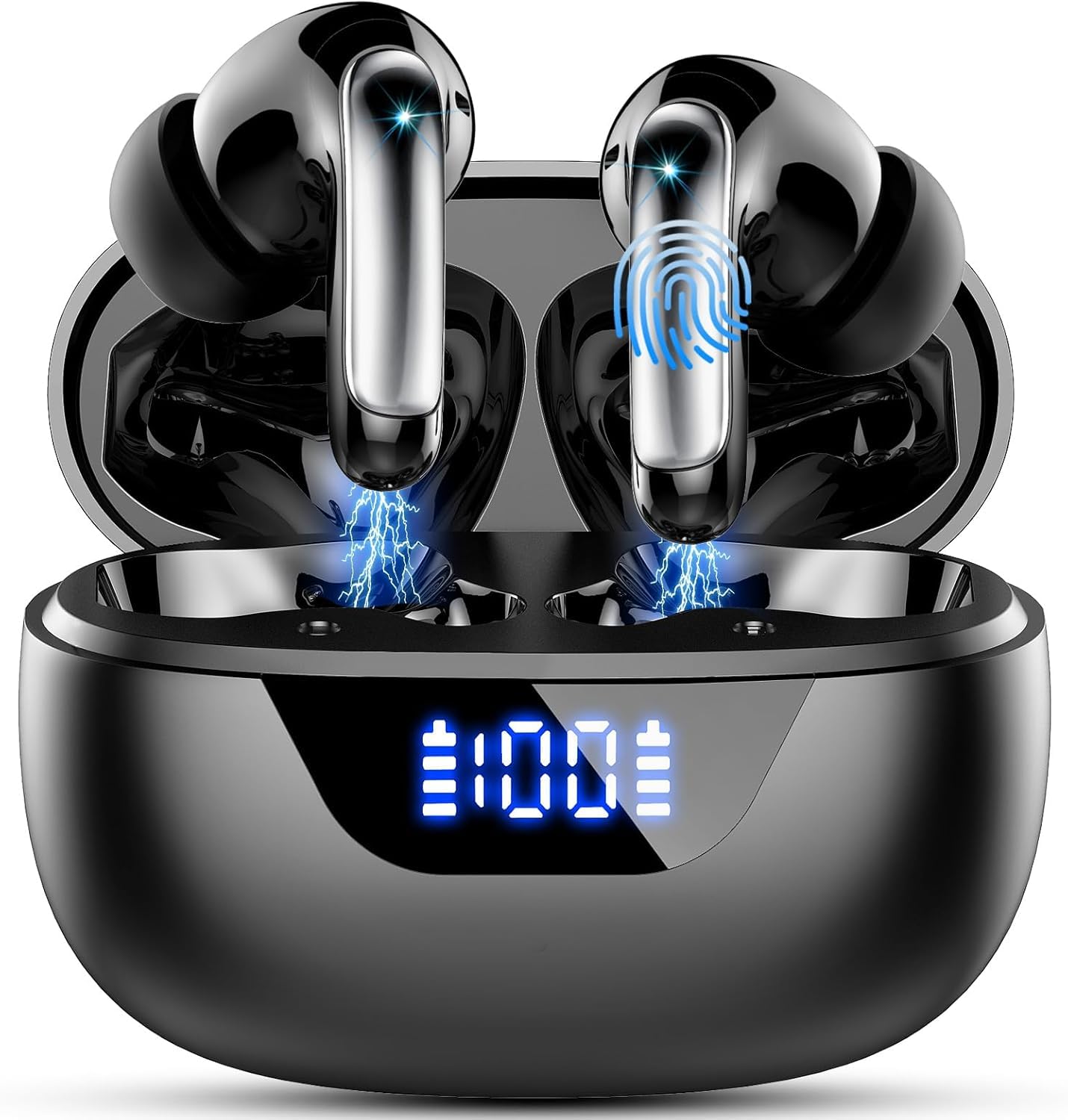 Wireless Earbuds, Bluetooth 5.3 Headphones HiFi Stereo, 48H Playback with 4 ENC Noise Cancelling Mics, Bluetooth Earbuds IP7 Waterproof, Wireless Earphones LED Display Ear Buds for Gym, Workout Black