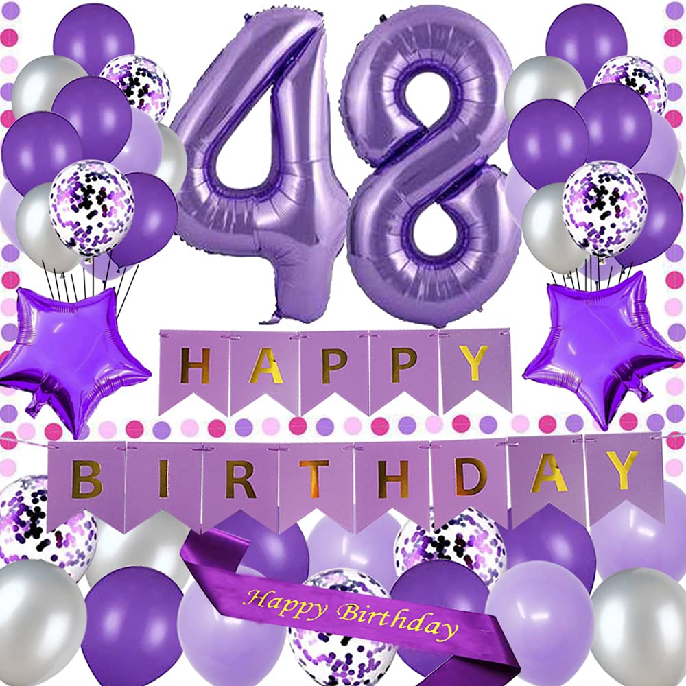 yujiaonly 48th Birthday Party Decorations Purple Happy Birthday Paper Banner Purple 40inch Number 48 Happy birthday Sash Latex and Confetti Balloons
