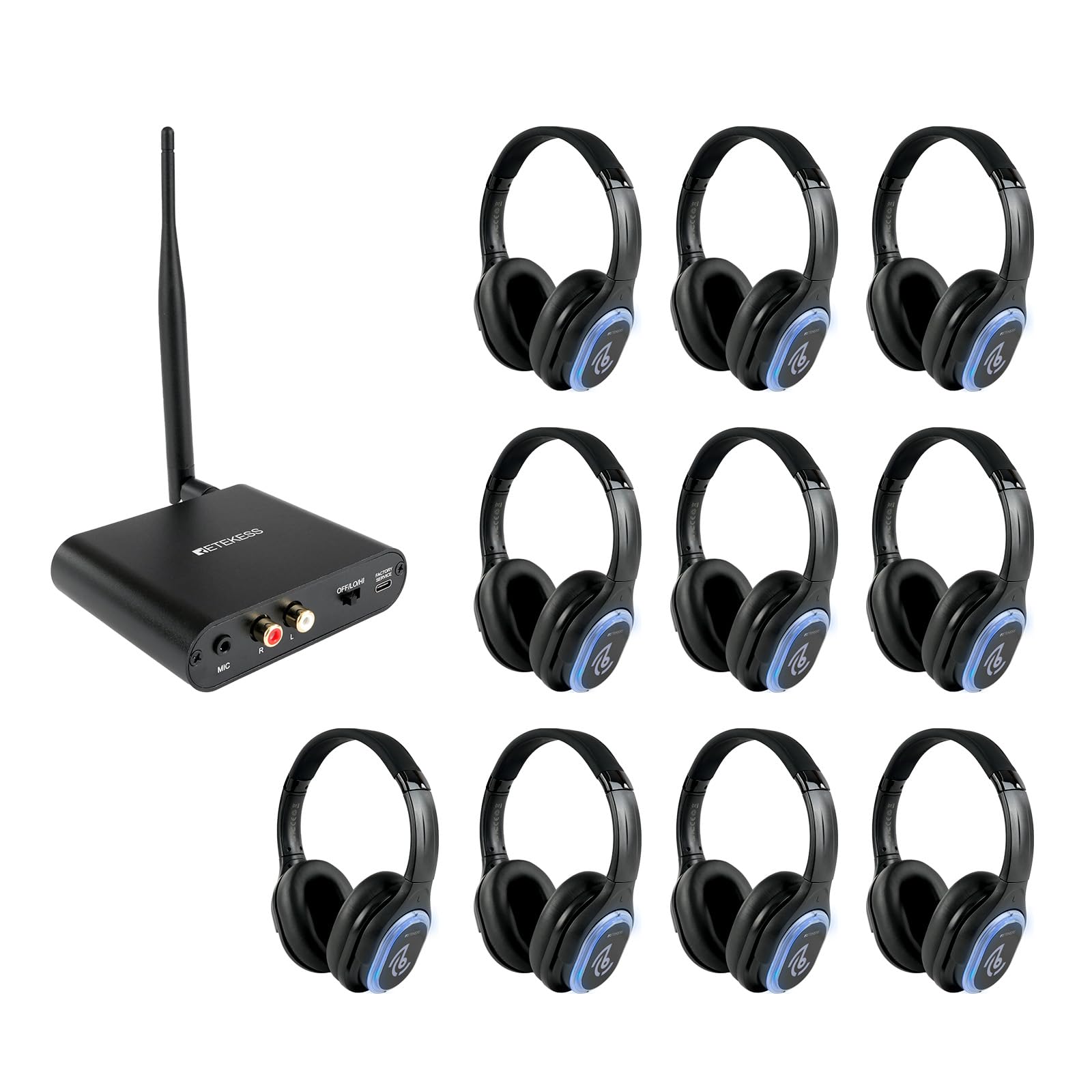 Retekess TA004 Kompletny Zestaw Słuchawek Silent Disco, 10 Słuchawek, 3 Kanały
