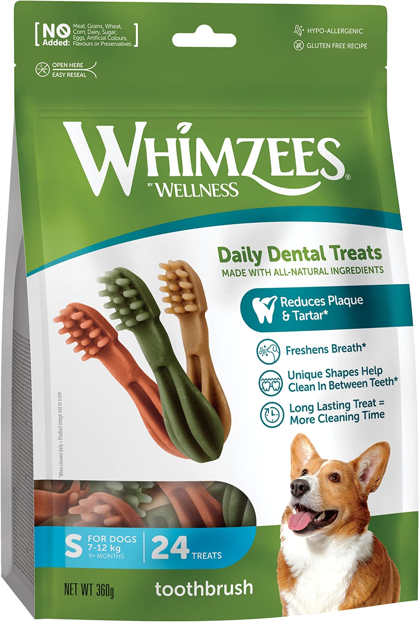 Whimzees Natural Grain Free Dental Dog Treats, Toothbrush S 24Pcs 360G