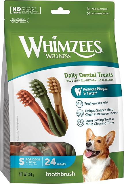 WHIMZEES Toothbrush, Natural and Grain Free Dog Dental Sticks, Dog Chews for Small Breeds, 24 Pieces, Size S