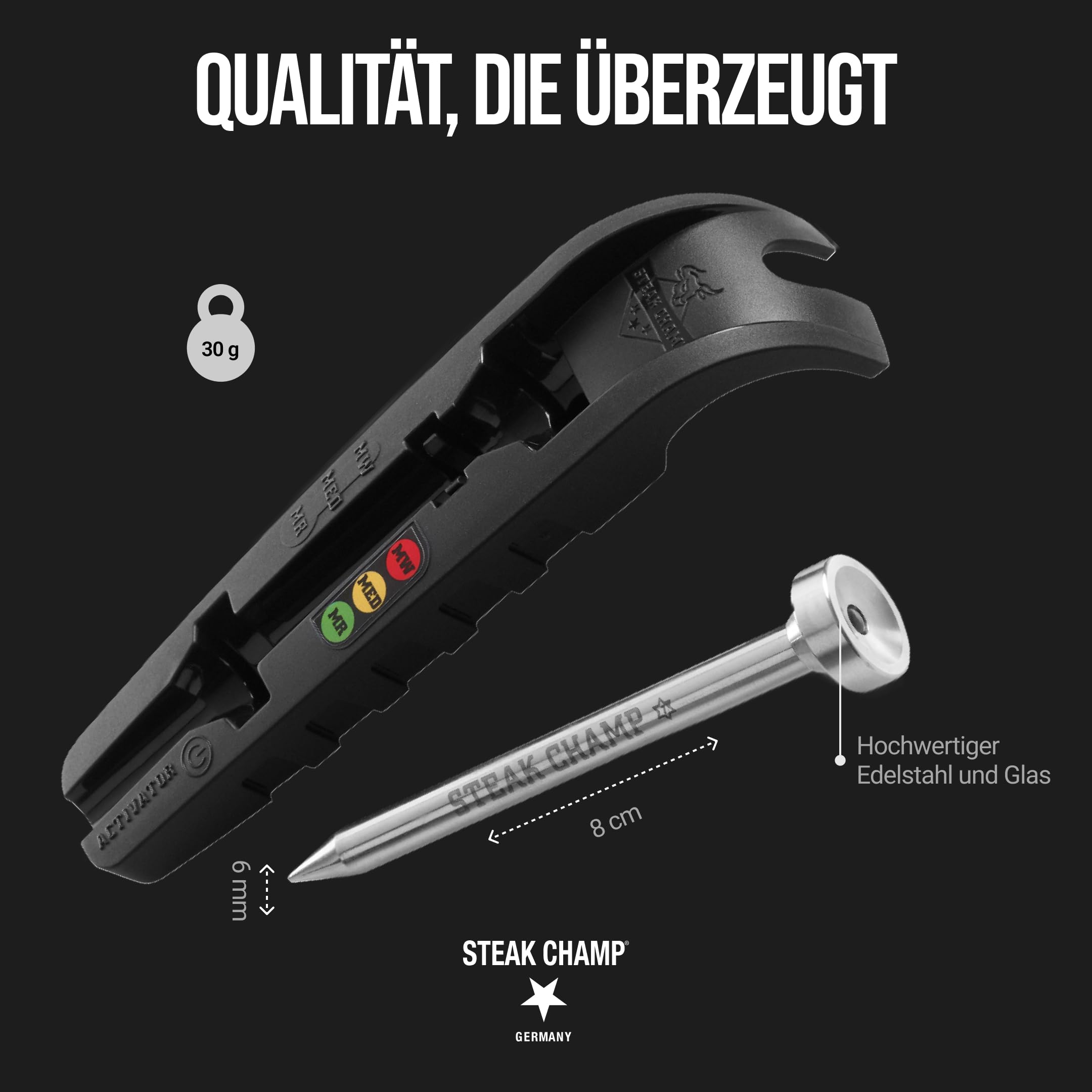 Steakchamp BBQ Profi-Bundle – Bull Fork Fleischgabel aus Zinklegierung (6,5") + 3-Farb-LED Steak-Thermometer, Grill- & BBQ-Zubehör für perfektes Tranchieren und Garpunkt-Kontrolle
