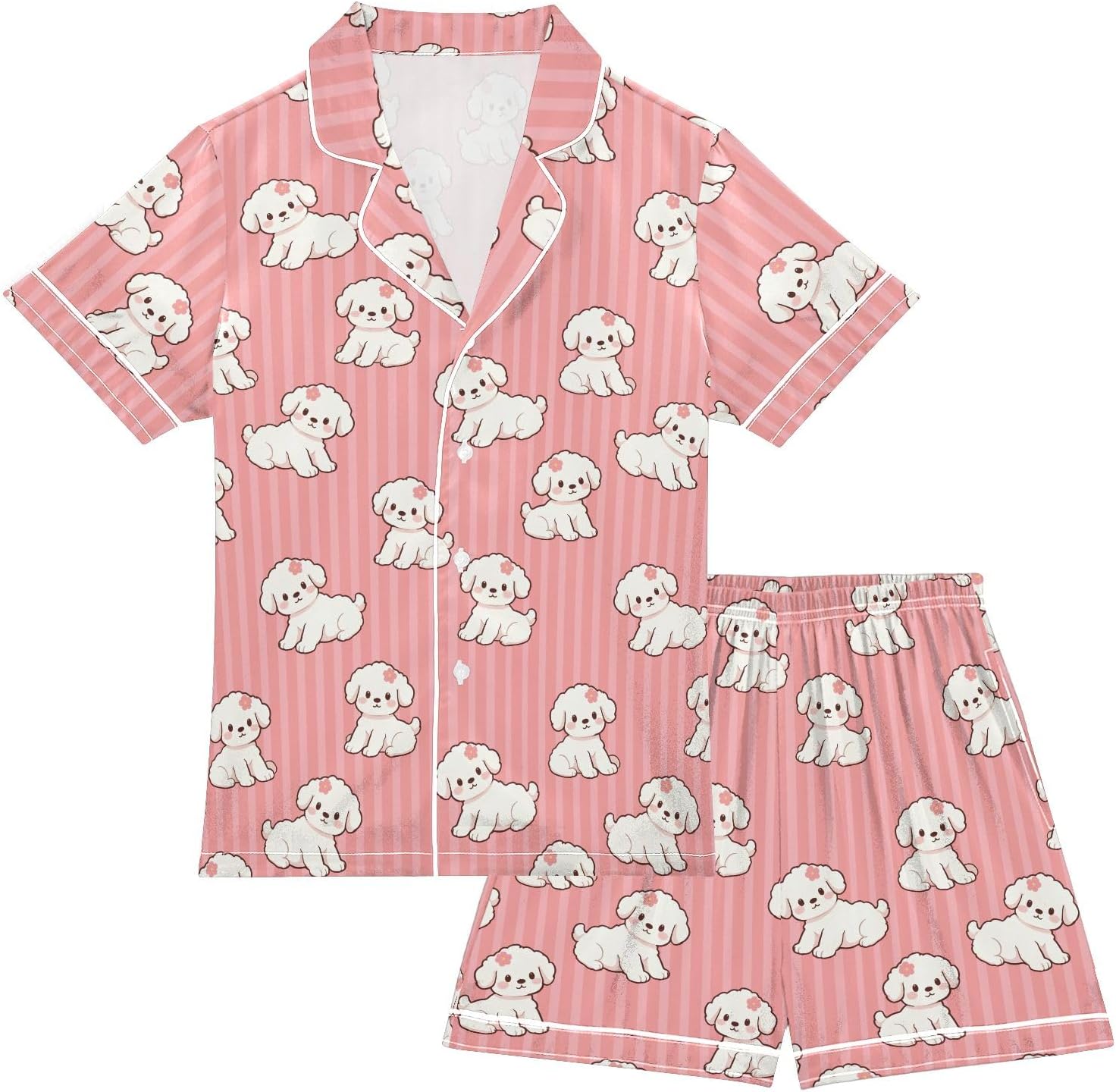 Kids Satin Wear Set Puppy Little Red Flower Pink Stripes Pattern Relaxing Clothing Short Sleeve and Shorts
