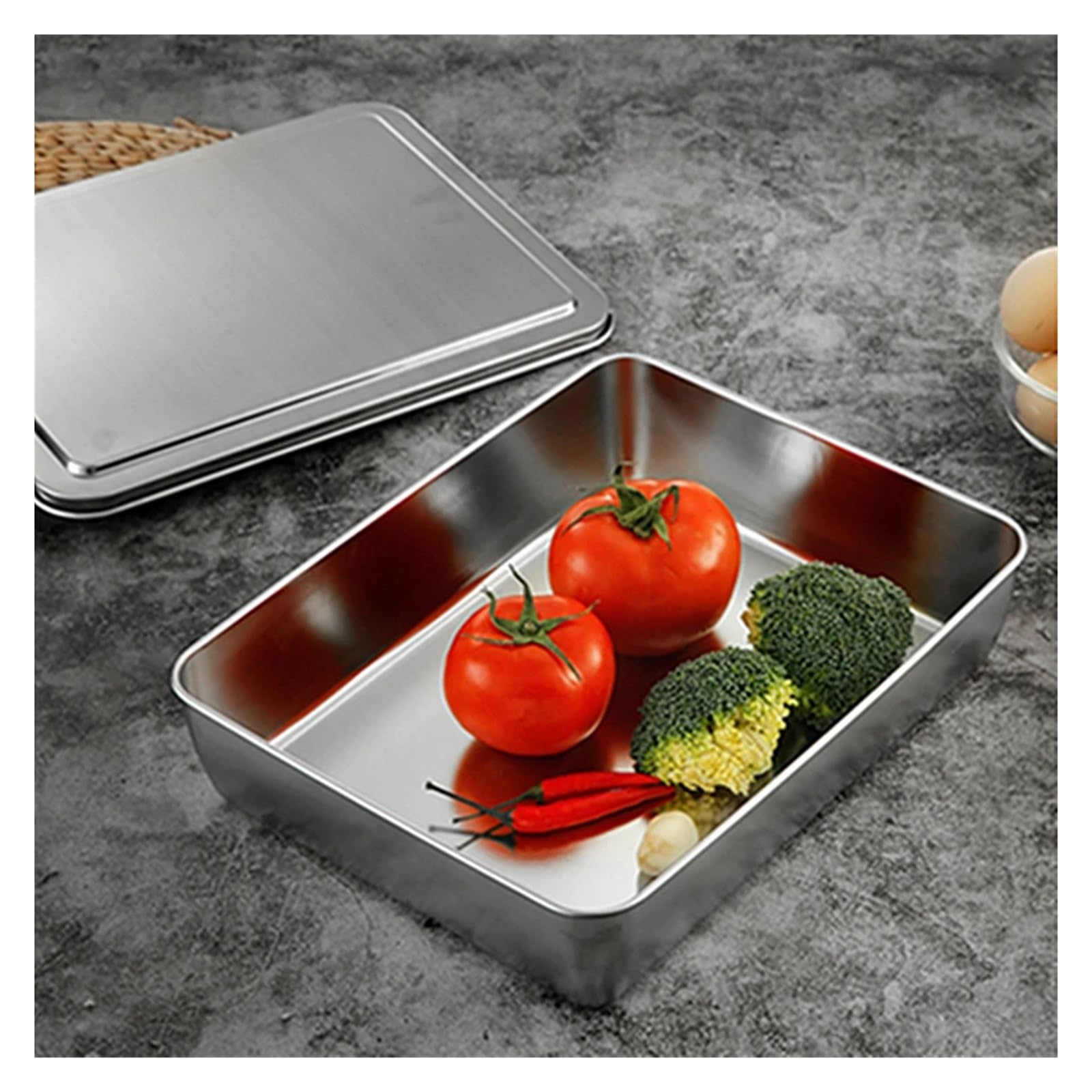 Boîte à Déjeuner En Acier Inoxydable Plateau de service rectangulaire en acier inoxydable épais avec couvercle, assiettes conservation des aliments, récipient cuisine(33x28.5x6.2 with Lid)