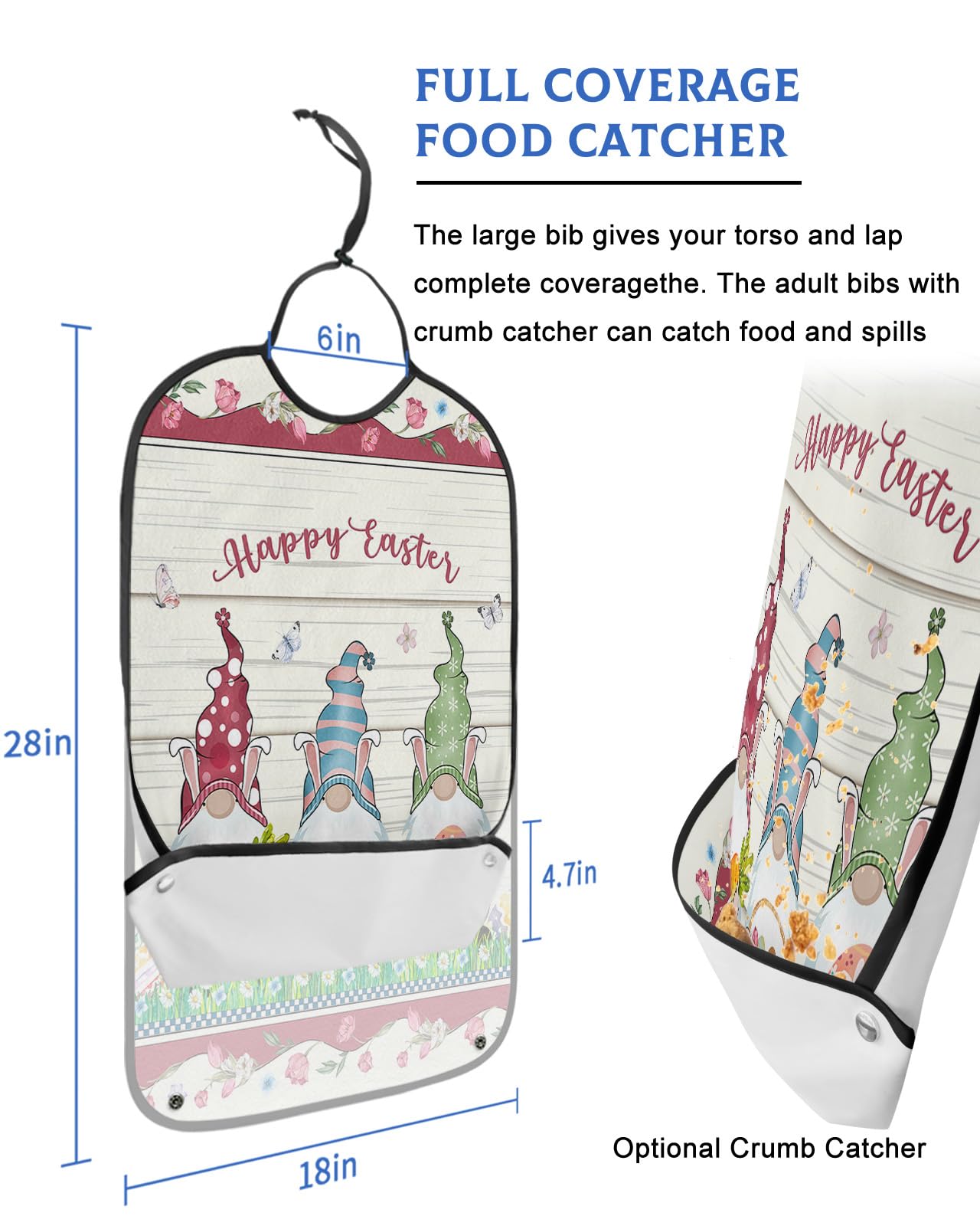 Spring Easter Adult Bibs for Eating, Waterproof Bibs with Food Catcher & Adjustable Snap Closure, Tulip Gnomes Colorful Eggs Easter Basket Wood Clothing Protectors Adult Bibs for Elderly Women/Men