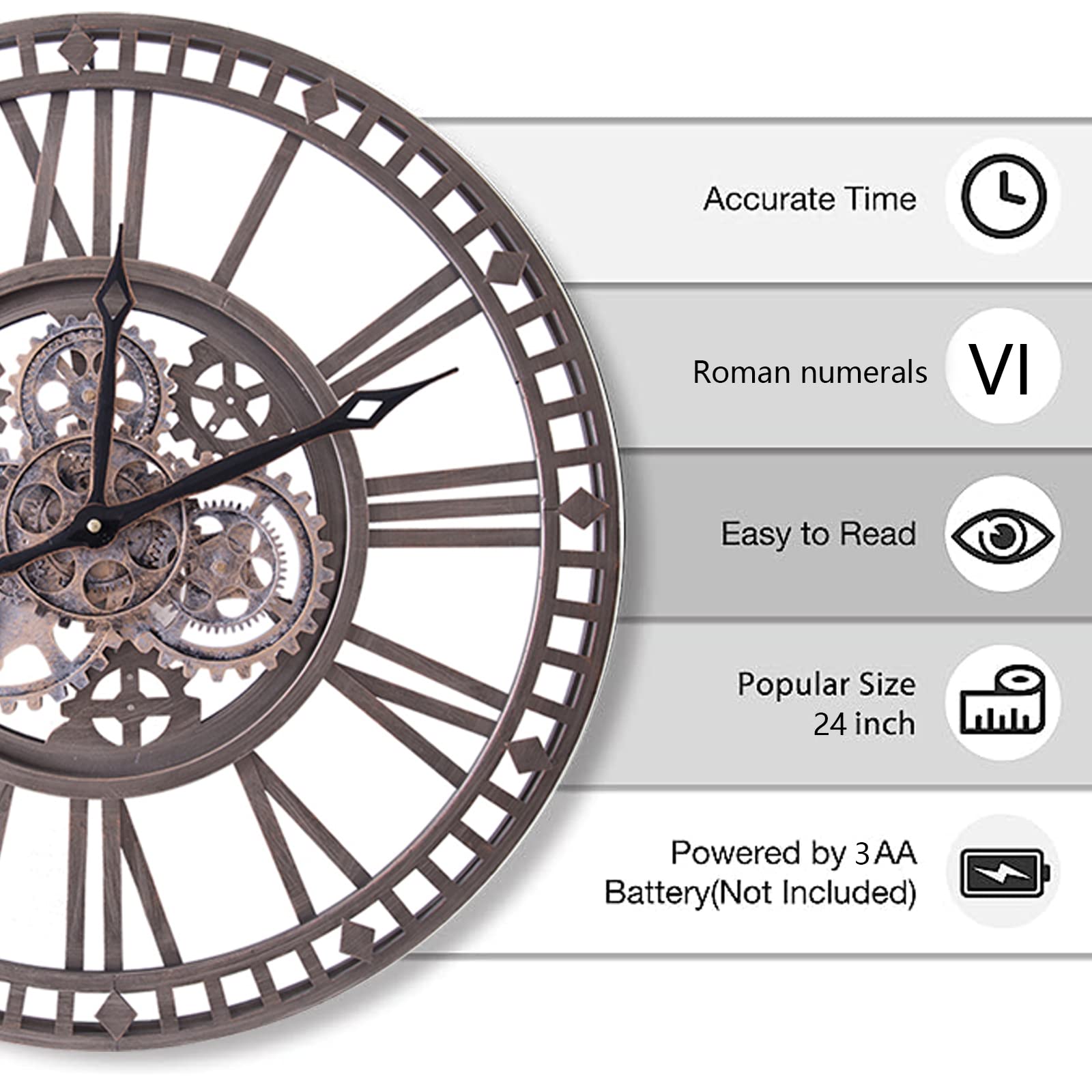 Reloj De Pared Grande Salon Engranajes Giratorios, NúMeros Romanos Retro para Bar CafeteríA Cocina 24 Pulgadas
