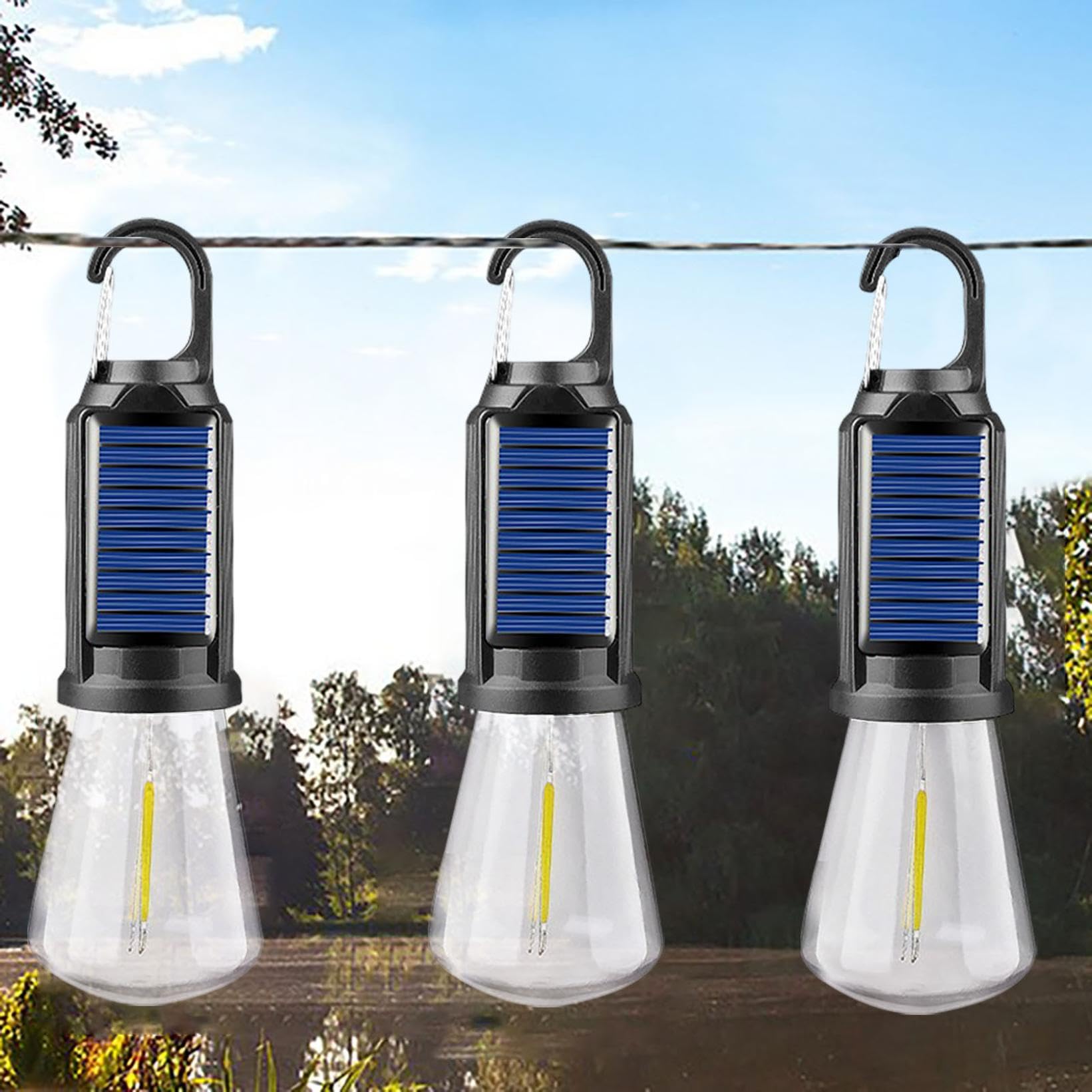 Luces solares recargables para camping, linterna de camping portátil, 3 modos de luz LED para tienda de campaña con gancho de clip, bombilla colgante impermeable al aire libre para camping, senderismo