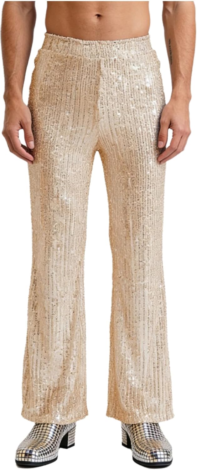 Adult Men's Glittery Pants Sequins Bell Bottoms Trousers 60s 70s Bell Bottoms High Waisted Pants