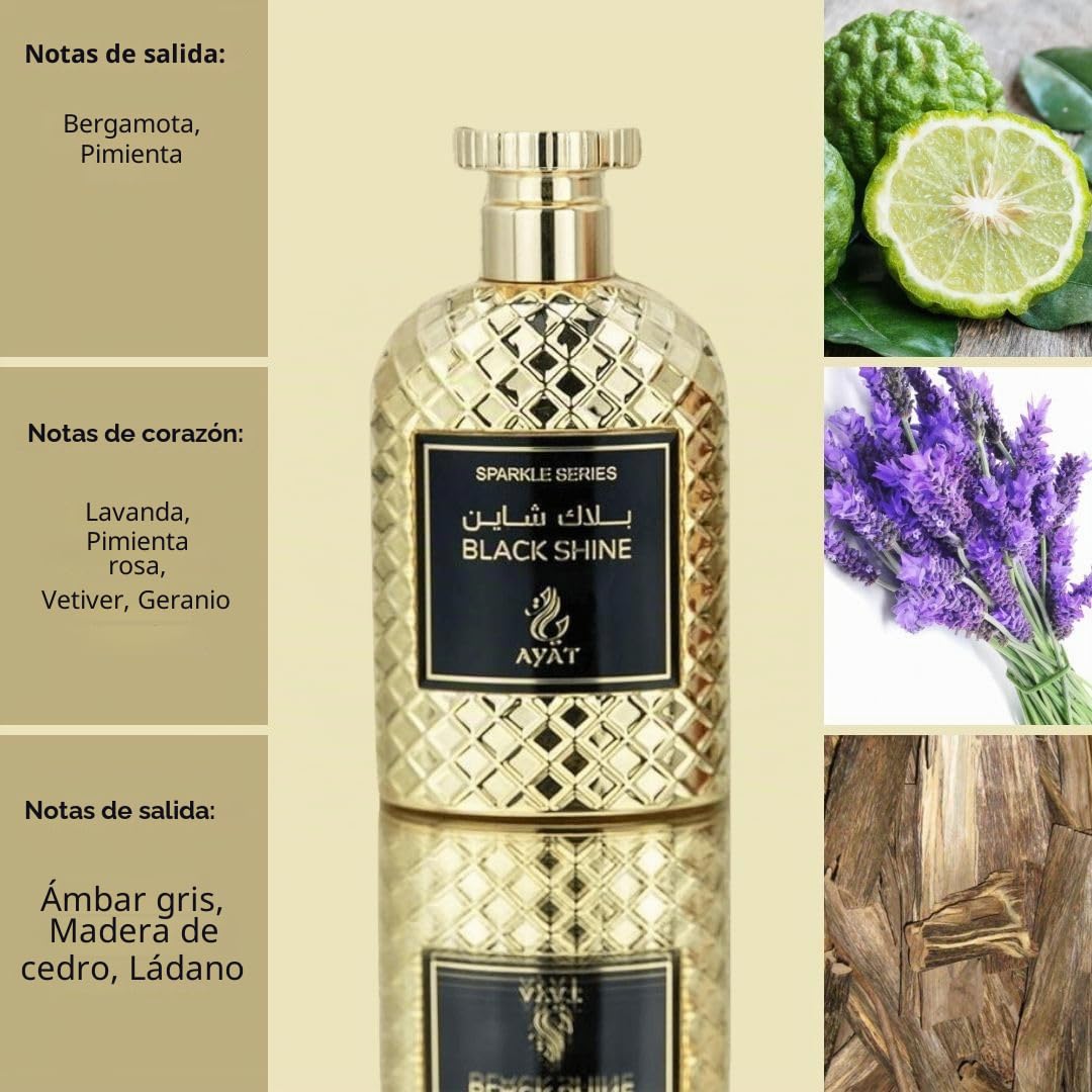 AYAT PERFUMES – SERIE PARKLE Eau de Parfum para Hombre 100 ml Black Shine | Perfume Fresco Especiado Aromático con Notas de Bergamota, Lavanda y Madera de Cedro | Perfume Oriental de Larga Duración