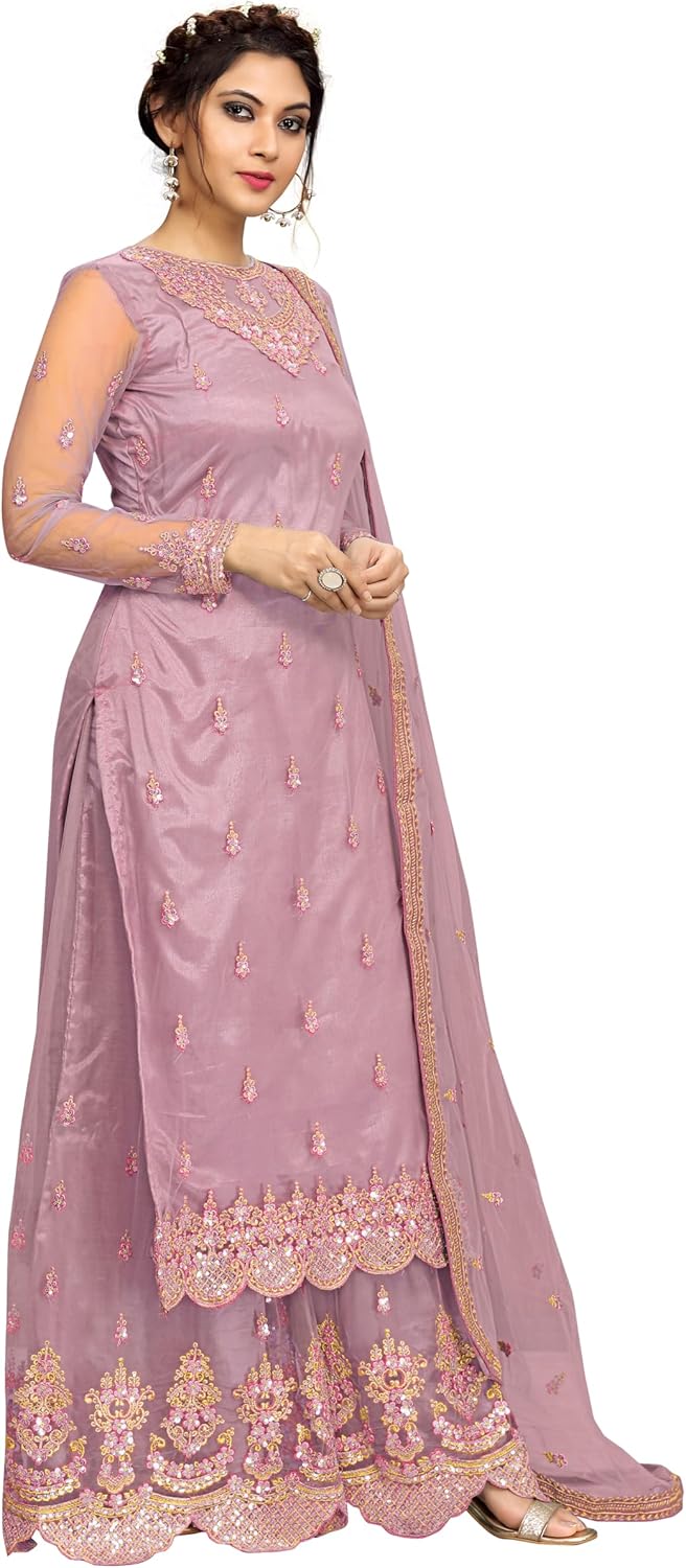 TRENDMALLS Women's Net Embroidery Sharara Suit Set Indian Pakistani Wedding Ethnic