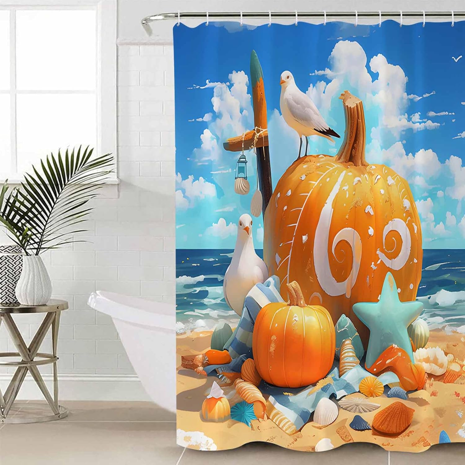 Beach Orange Pumpkin Shower Curtain Set with Hook 72" x 78",Fall Summer Autumn Starfish Seagull Washable Cloth Polyester Fabric Shower+Curtain,Waterproof Bath Curtains for Bathroom,Showers,Bathtubs