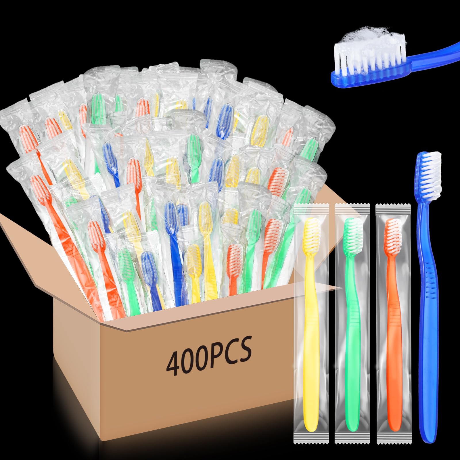 Ziliny 400 Pcs Prepasted Disposable Toothbrushes Bulk Individually Wrapped Pre Pasted Soft Bristle Set Travel Colorful Toothbrushes for Homeless Gift
