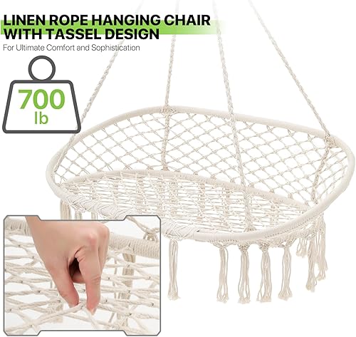 Miniatura 6 de Magshion Hamaca para exteriores, 2 almohadas incluidas, silla colgante portátil de macramé con bolsillo para libros y revistas, juego de sillas
