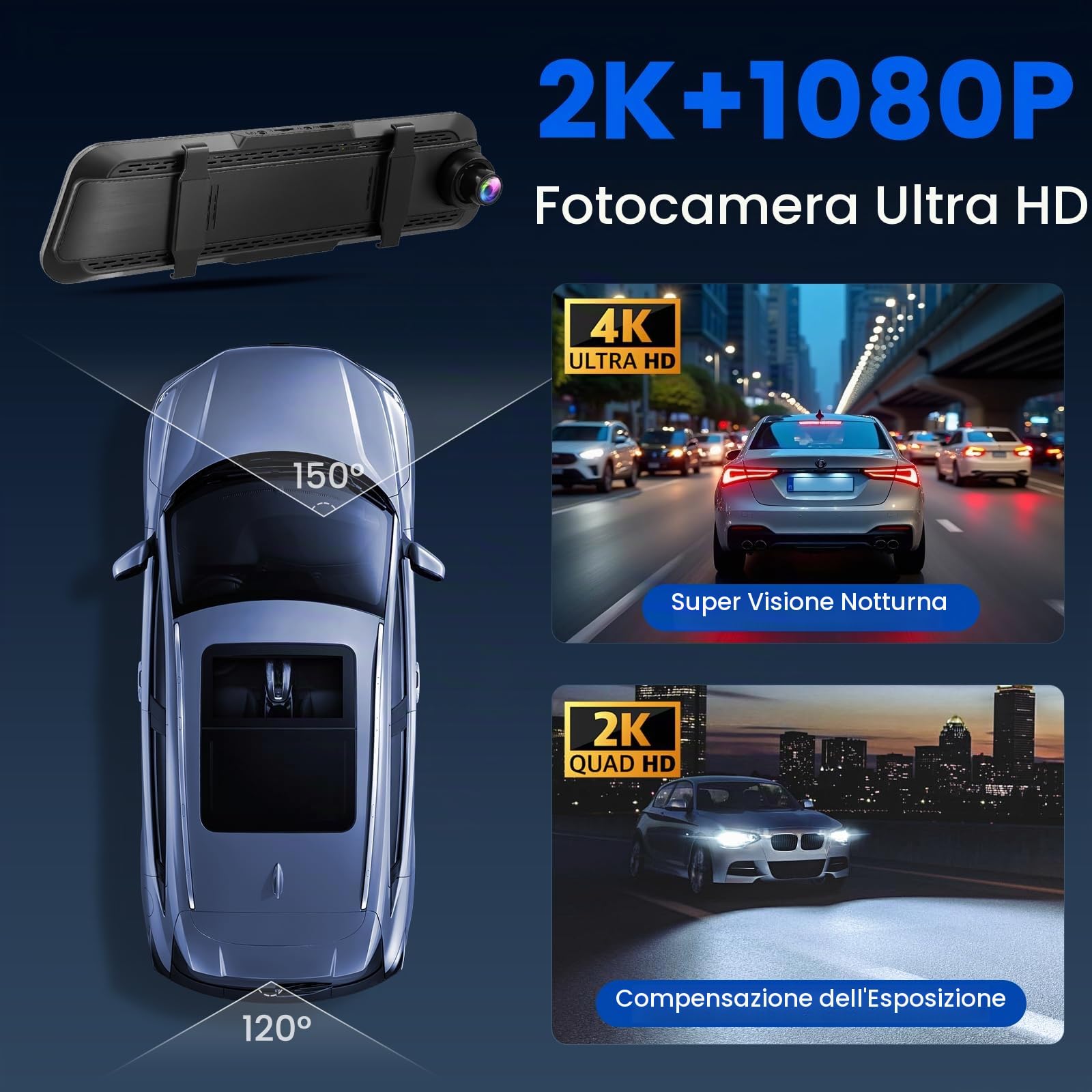Specchio Retrovisore Auto 10 pollici Touchscreen, Posteriore e anteriore 2K Mirror Dash Cam Specchietto Retrovisore con Scheda 64 GB, Visione notturna grandangolare 150°, ADAS/GPS/G-Sensore