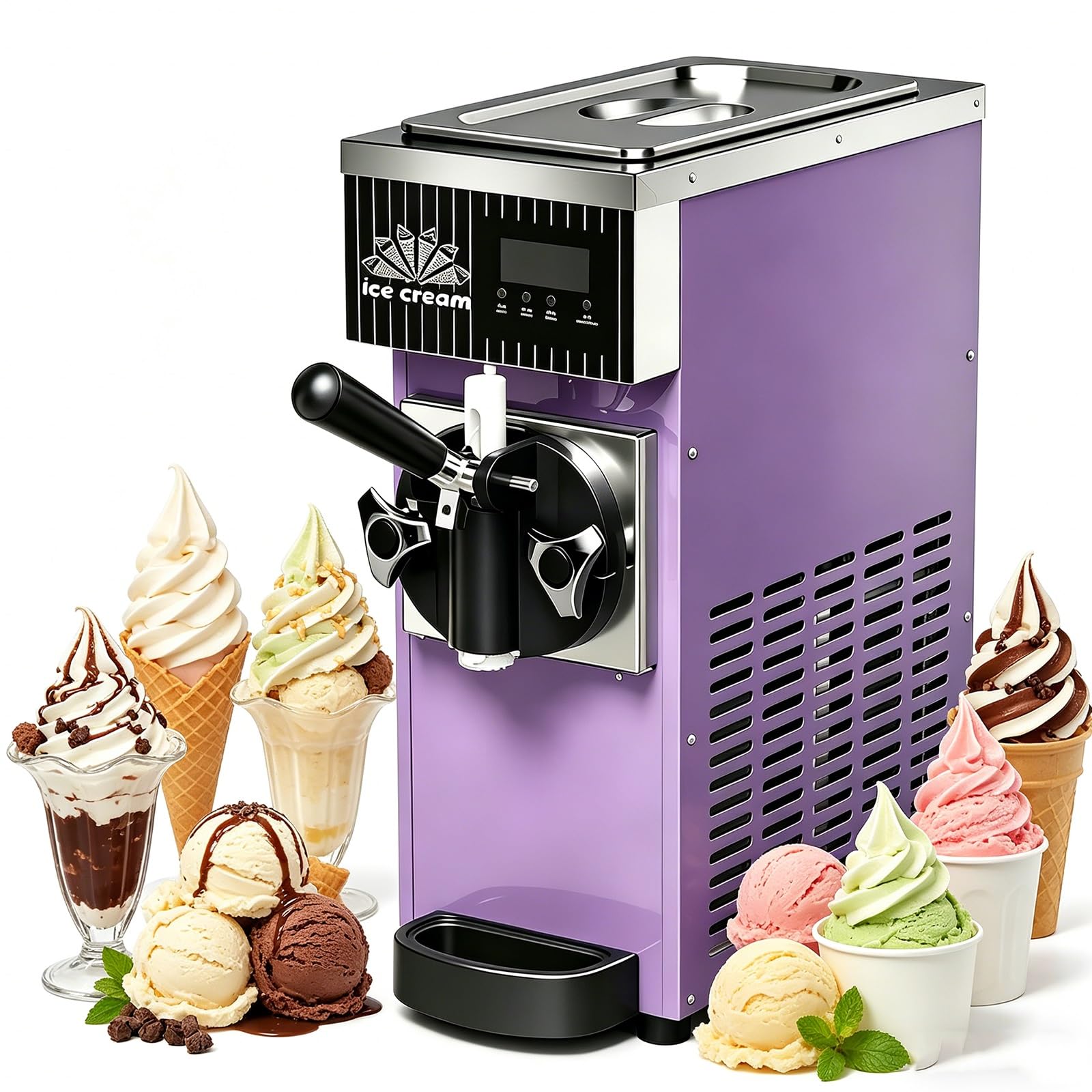 Máquina Comercial Helado Suave Con Tolva De 2.5 L Heladera Un Solo Sabor 450w Autolimpieza Enfriamiento Rápido Capacidad De Producción 80-100 Unidades/H Ideal Restaurantes Panaderías(Purple)