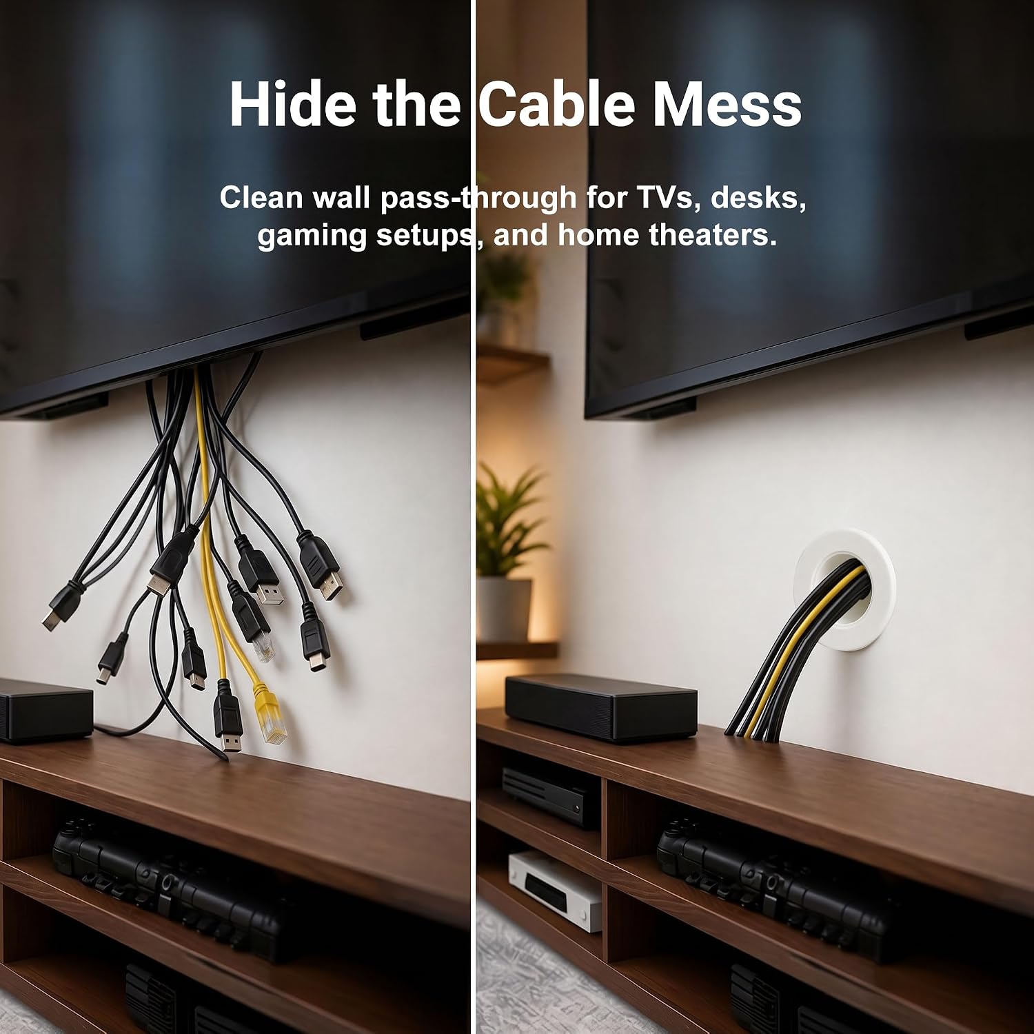 Wall Eye Cable Pass Through Port, 2 Inch Hole Saw Cord Grommet for 2x4 Drywall, Fits 3 5/8 to 5 1/4 Inch Thickness, White Channel for HDMI Ethernet Coax USB-C Wires