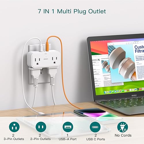 Miniatura 2 de Extensor de salida de protección contra sobretensiones, divisor de enchufes múltiples con 4 tomas eléctricas, 3 puertos USB (2 USB C de 3 caras,