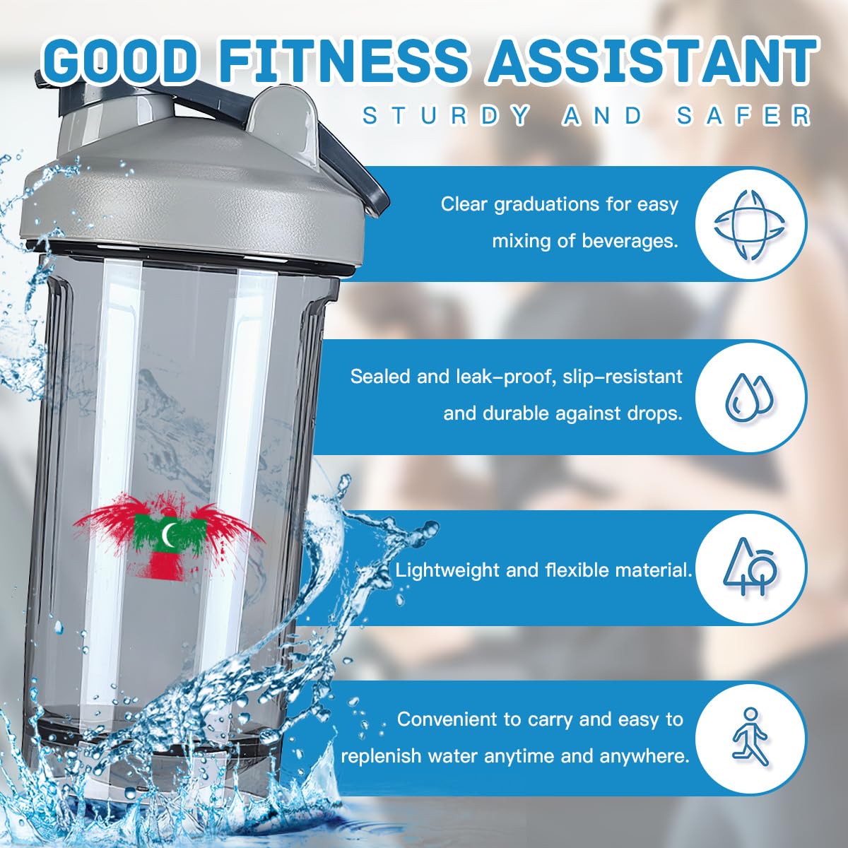 Maldives Maldivians Flag 18 Ounce Shaker Bottle Drink Mixer Leak-proof Pre Workout Protein Shakes Meal Replacement Shakes Bottles 500ML/18 Oz Gray