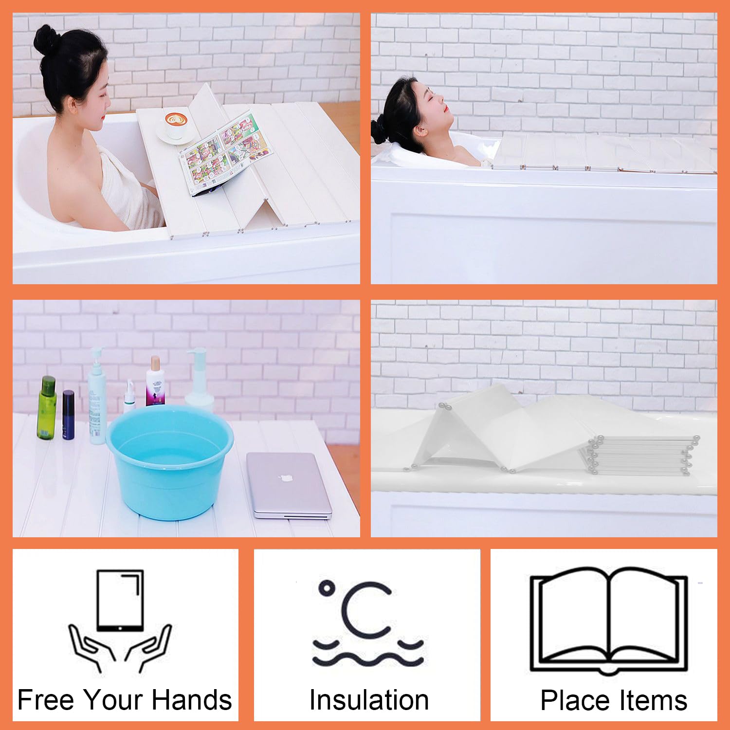 70 x 170 cm Cubierta de Bañera，Estante de Baño Plegable，Tapa de Baño a Prueba de Agua, Bandeja de Bañera, Cubierta de Baño, Panel Aislante Antipolvo Bañeras para el Hogar Baño SPA Vivo, Blanco