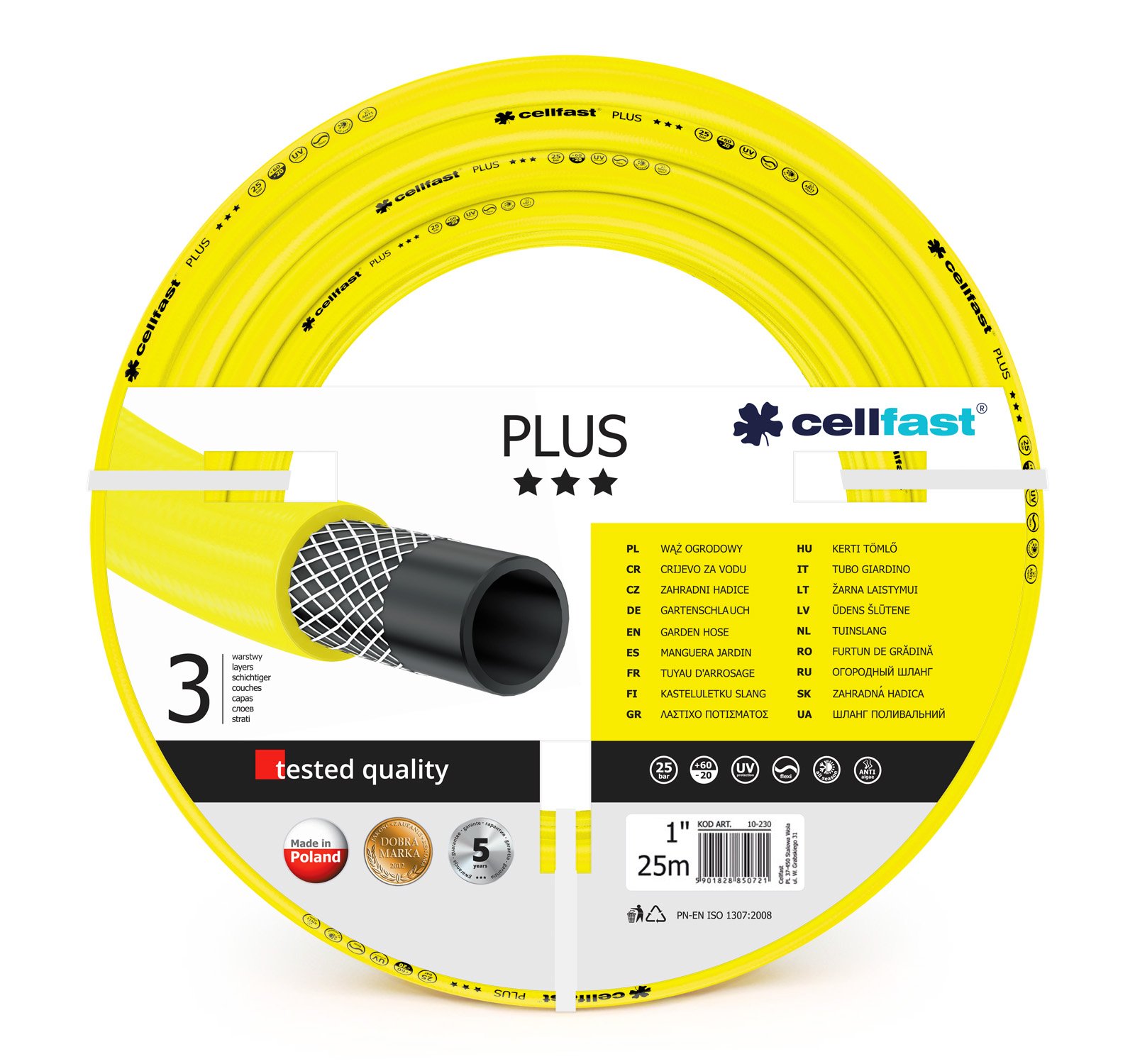 Cellfast Garden Hose Plus Flexible and Three-Layer Hose, Resistance to UV, Internal Part Resistant to Algae, 25m x 1”, 10-230