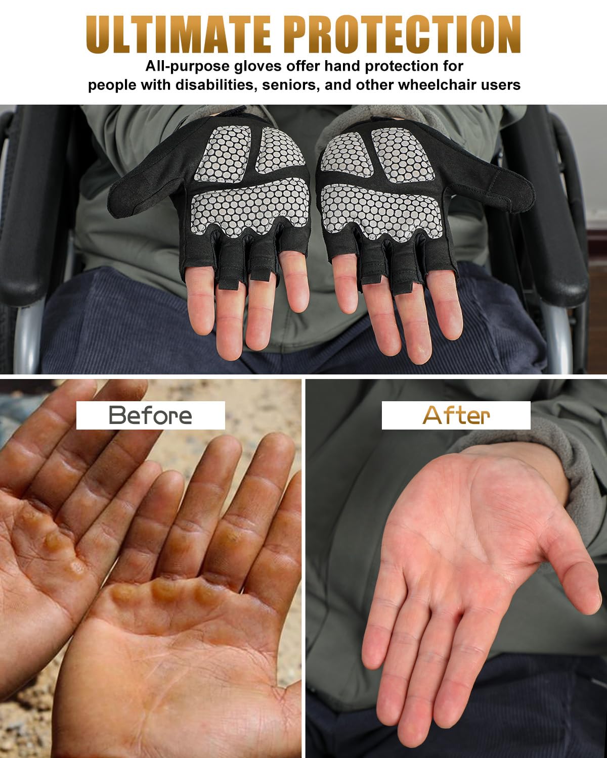 Guantes acolchados de gel de medio dedo para silla de ruedas (negro, L)