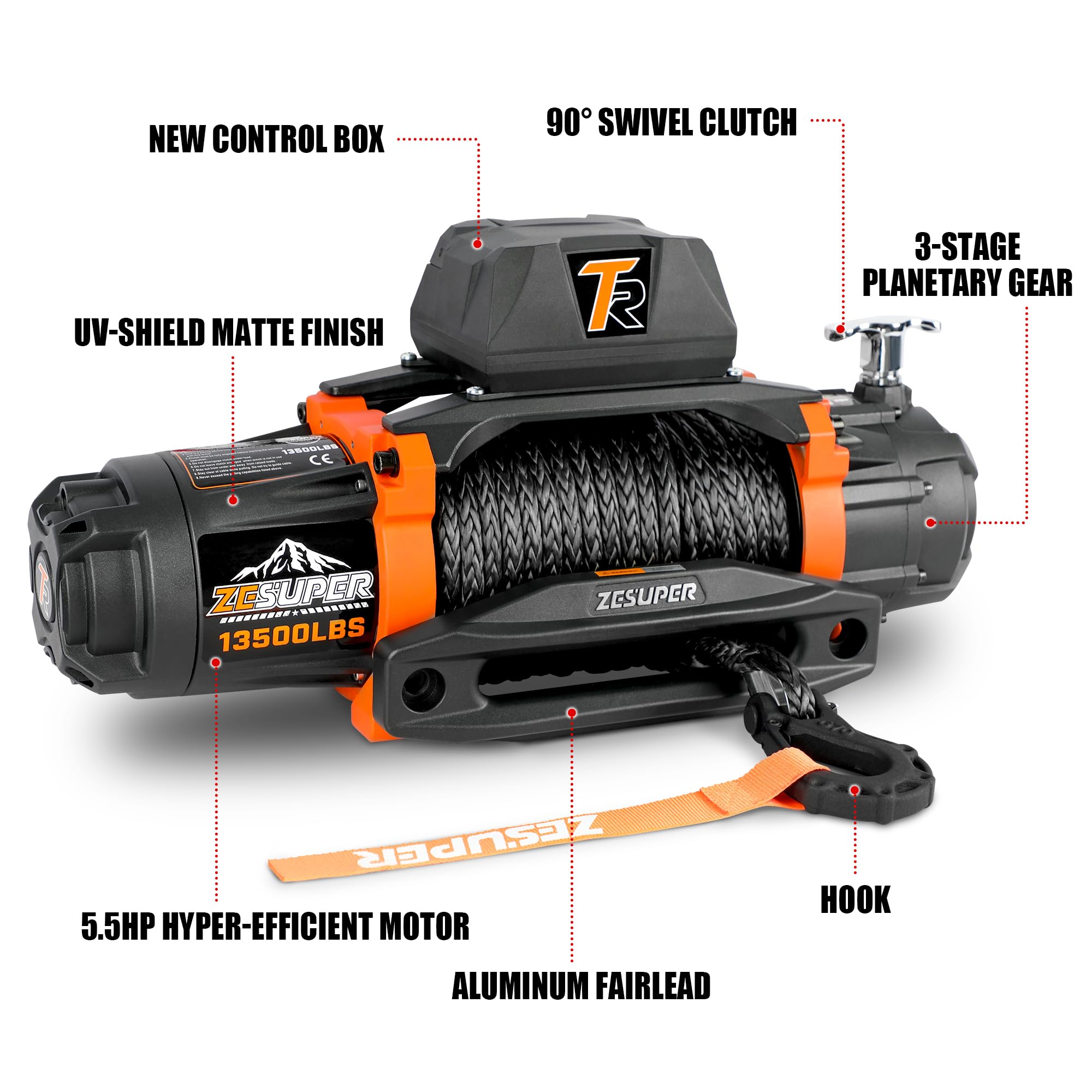 ZESUPER Elektryczna wciągarka linowa, 12 V, nośność 6123,5 kg, haczyki syntetyczne, zestaw wciągarek, wodoszczelna, IP66, elektryczna wciągarka ze sztucznym liną i przewodowym uchwytem 2 w 1