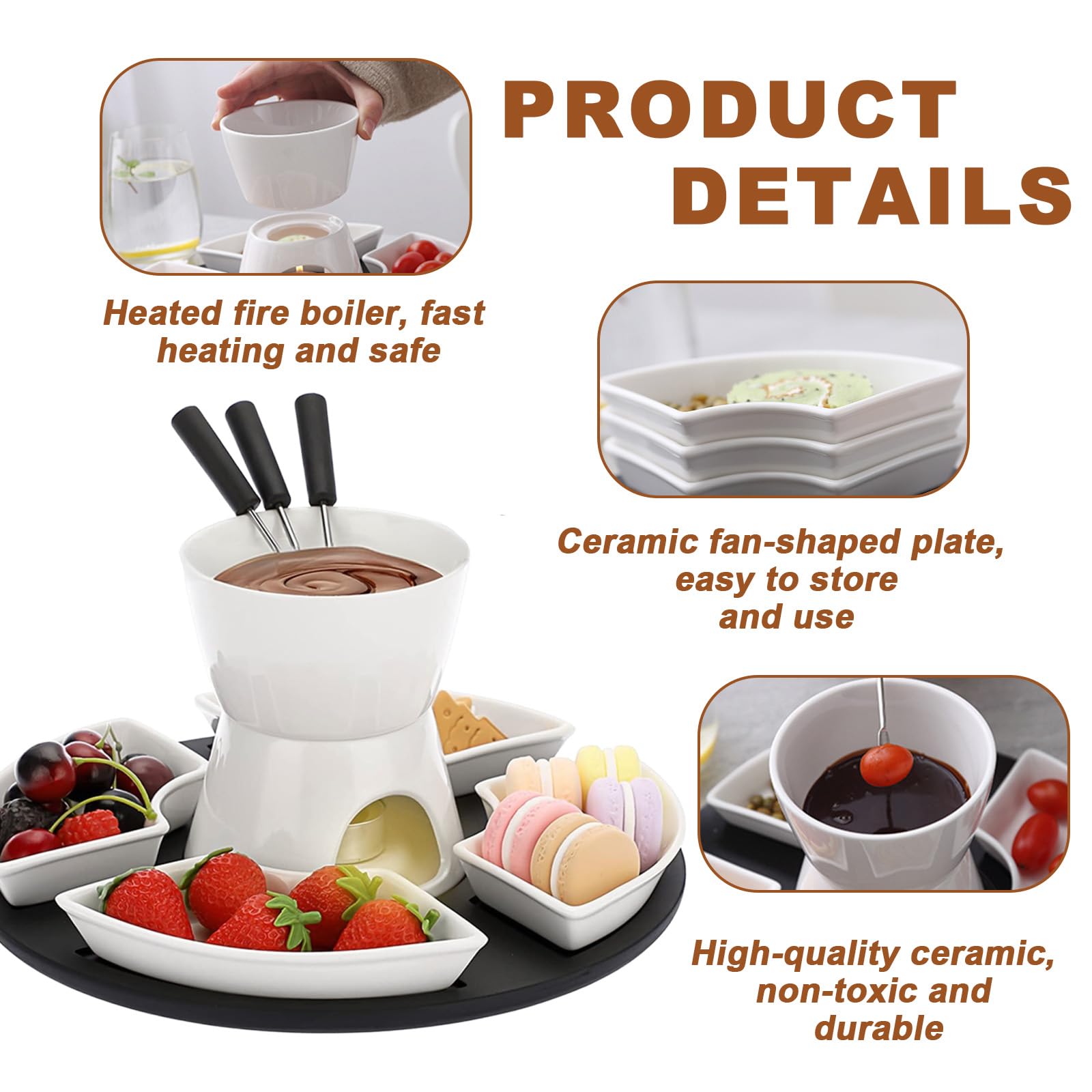 Ceramiczny zestaw do fondue czekoladowego, 300 ml, czekoladowe fondue z 4 talerzami ceramicznymi i 4 widelcami, podgrzewane jedną świecą, kolor biały, obracany czekoladowy fondue, zestaw