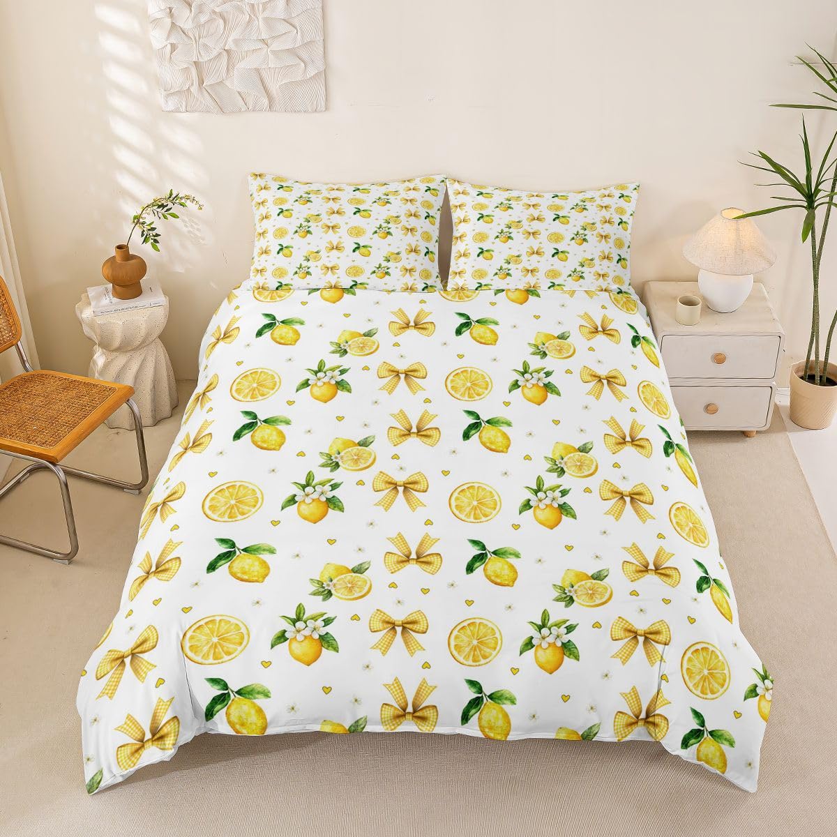 Manfei Yellow Bows Duvet Cover Set Full Size,Cute Lemon Bedding Set 3pcs,Kawaii Bowknot Fruits Patchwork Quilt Cover with Zipper Closure,Kids Boys Girls Room Decor,2 Pillowcases,No Comforter