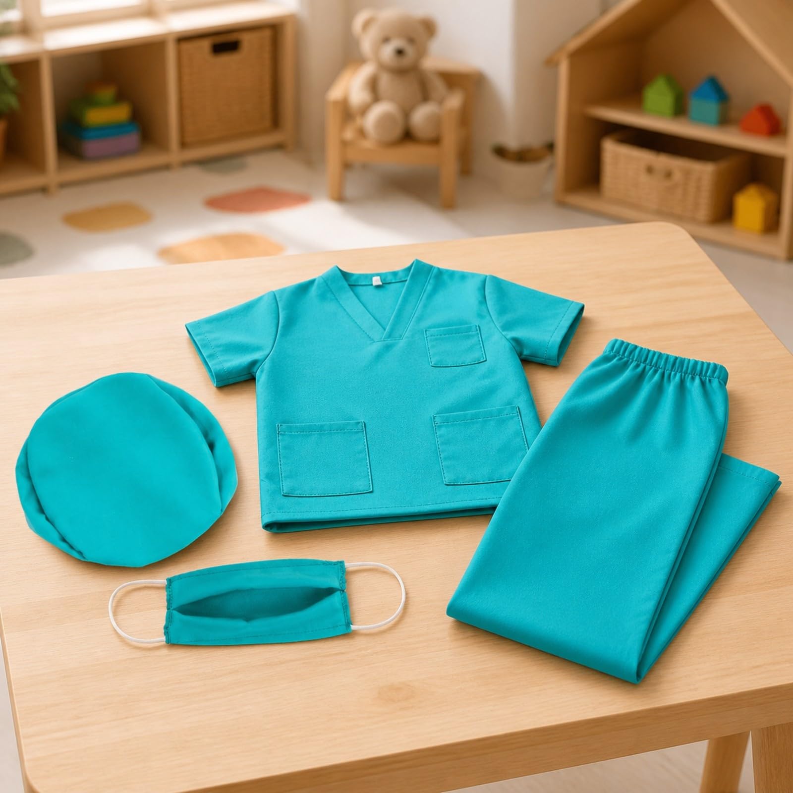 Kinder-Arztkostüm aus Polyester weich verarbeitet OP-Kostüm mit Hose und Kappe bequem Kinderarzt-Outfit-Set für Rollenspiel, Schultheater, Fasching, Rosa, 110CM