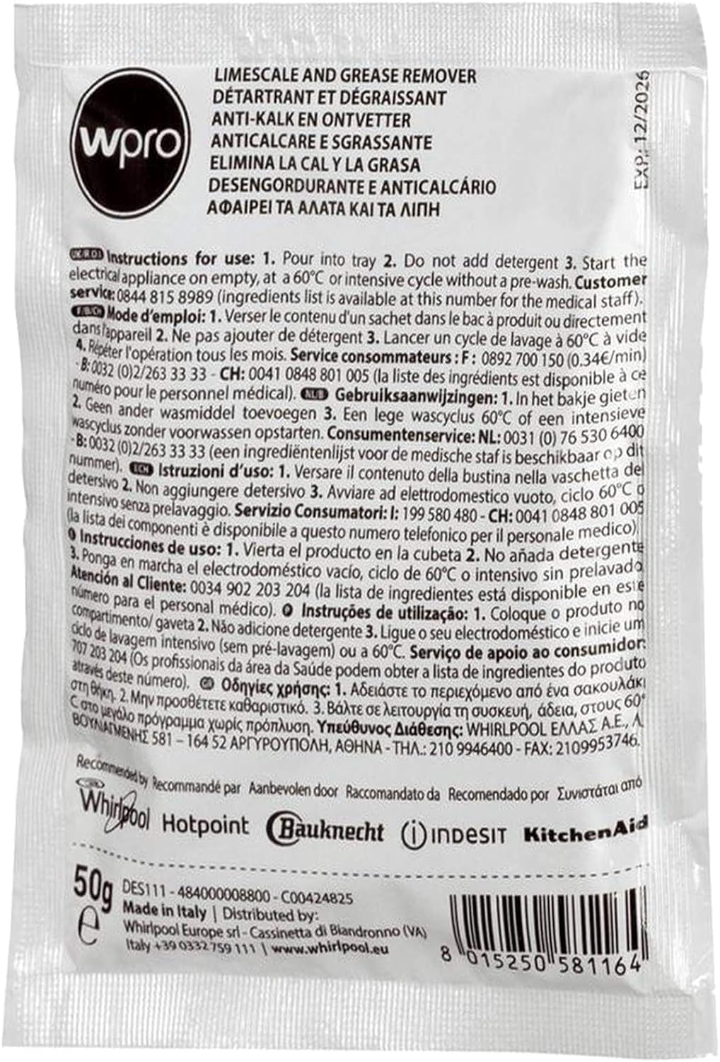 Wpro universale lavatrice e lavastoviglie Disincrostatore e Grease Remover (48 x 50 g Bustine)